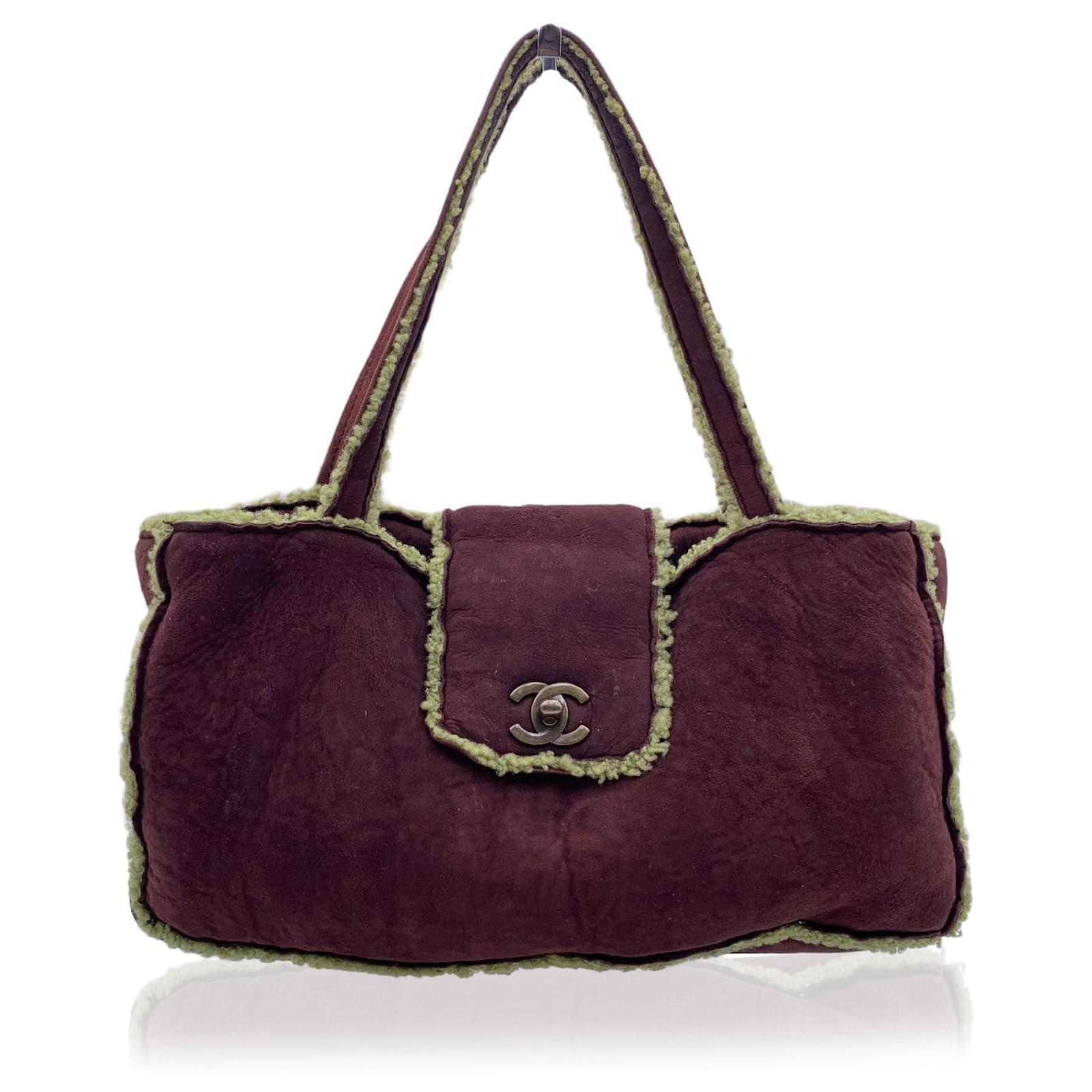 Chanel Vintage Brown and Green Suede Shearling Tote Bag Handbag