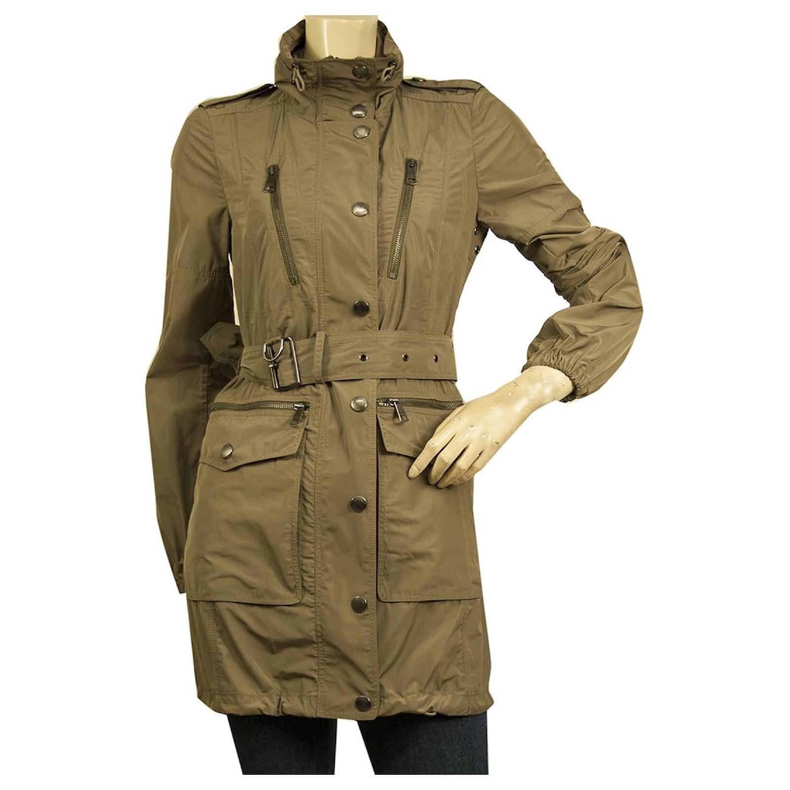 Burberry Brit Khaki Army Green Raincoat Mac Belted Trench Jacket Coat US 4,  UK 6 Polyester  - Joli Closet