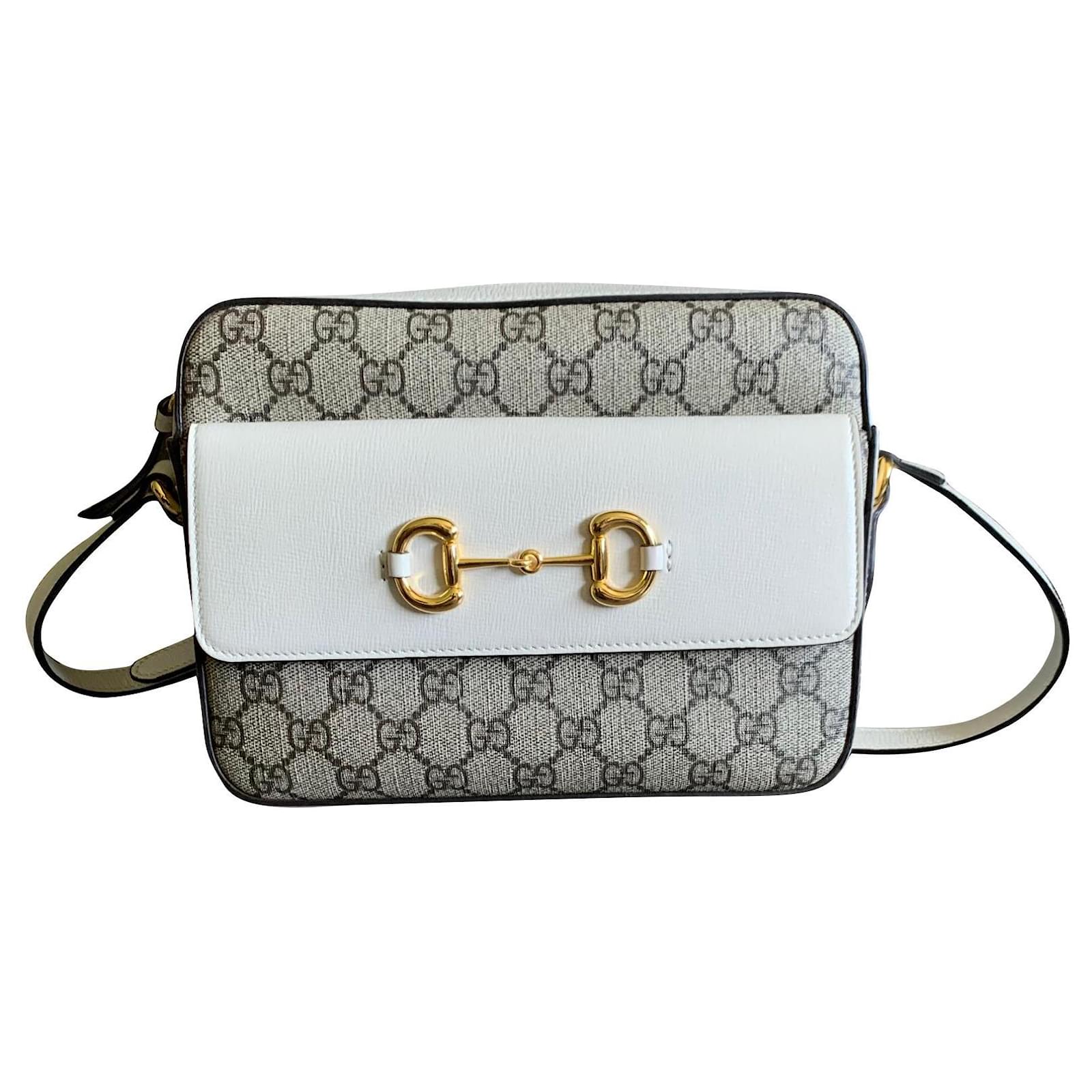 GUCCI 1955 Horsebit Small Shoulder Bag in White Leather with GG Supreme  Canvas