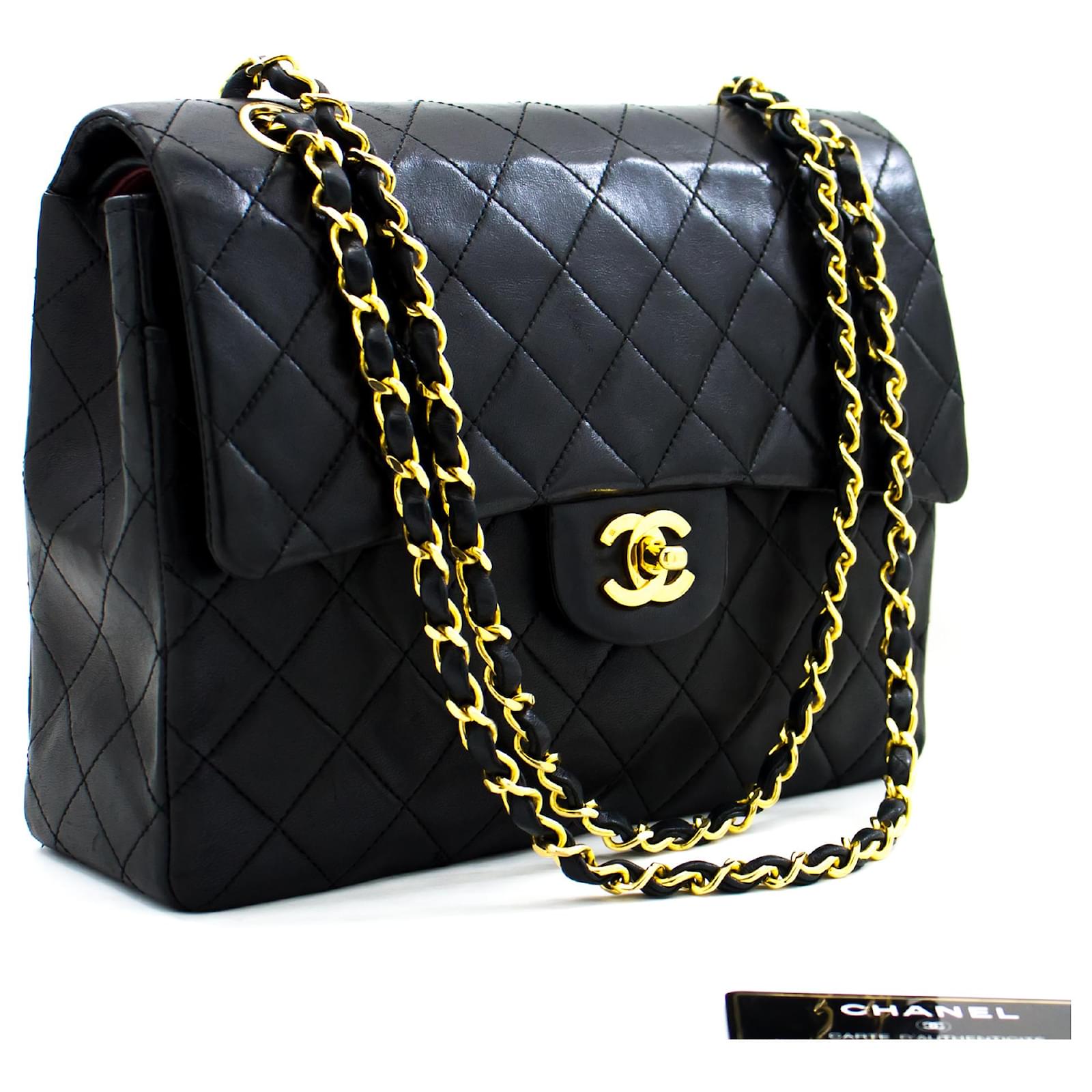 CHANEL Vintage Black Quilted Patent Leather Square Flap Bag XL Gold Logo CC  HW  eBay