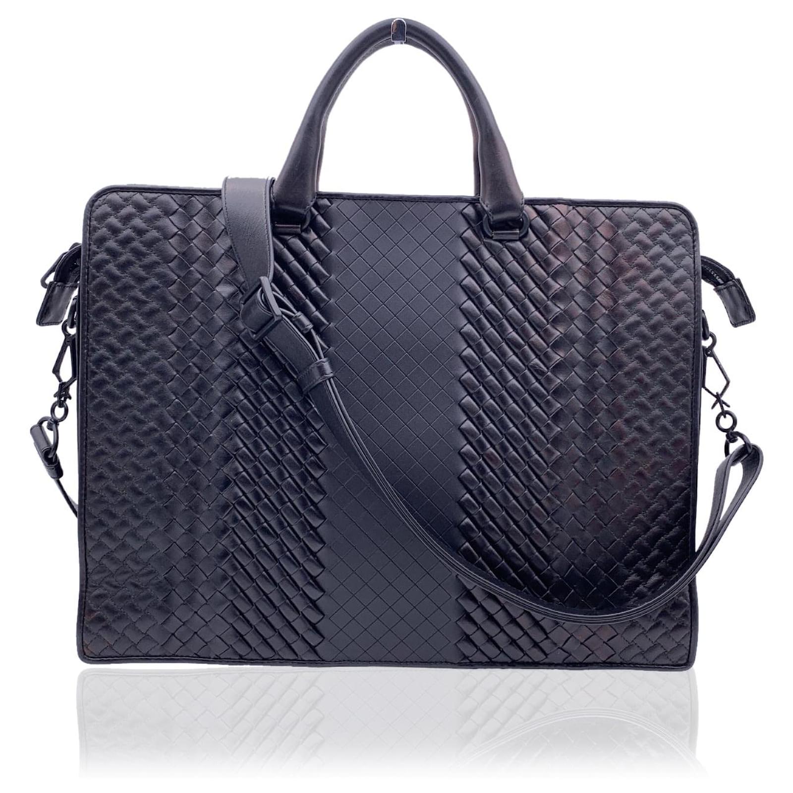 Bottega Veneta Black Woven Leather Imperatore Briefcase Work Bag