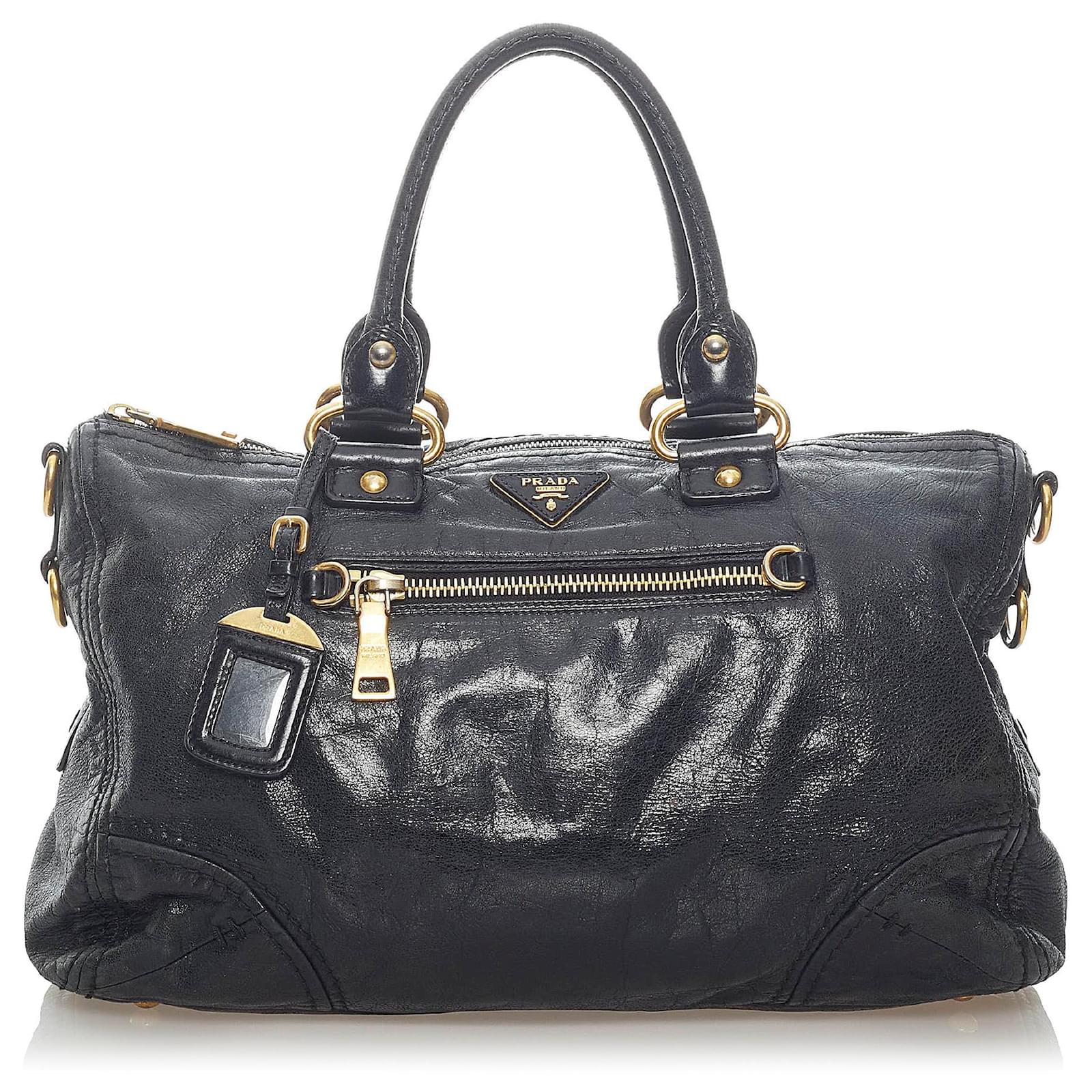 PRADA VITELLO SHINE ブラック ハンドバッグ Prada Black Vitello Shine Leather East/West Satchel Bag