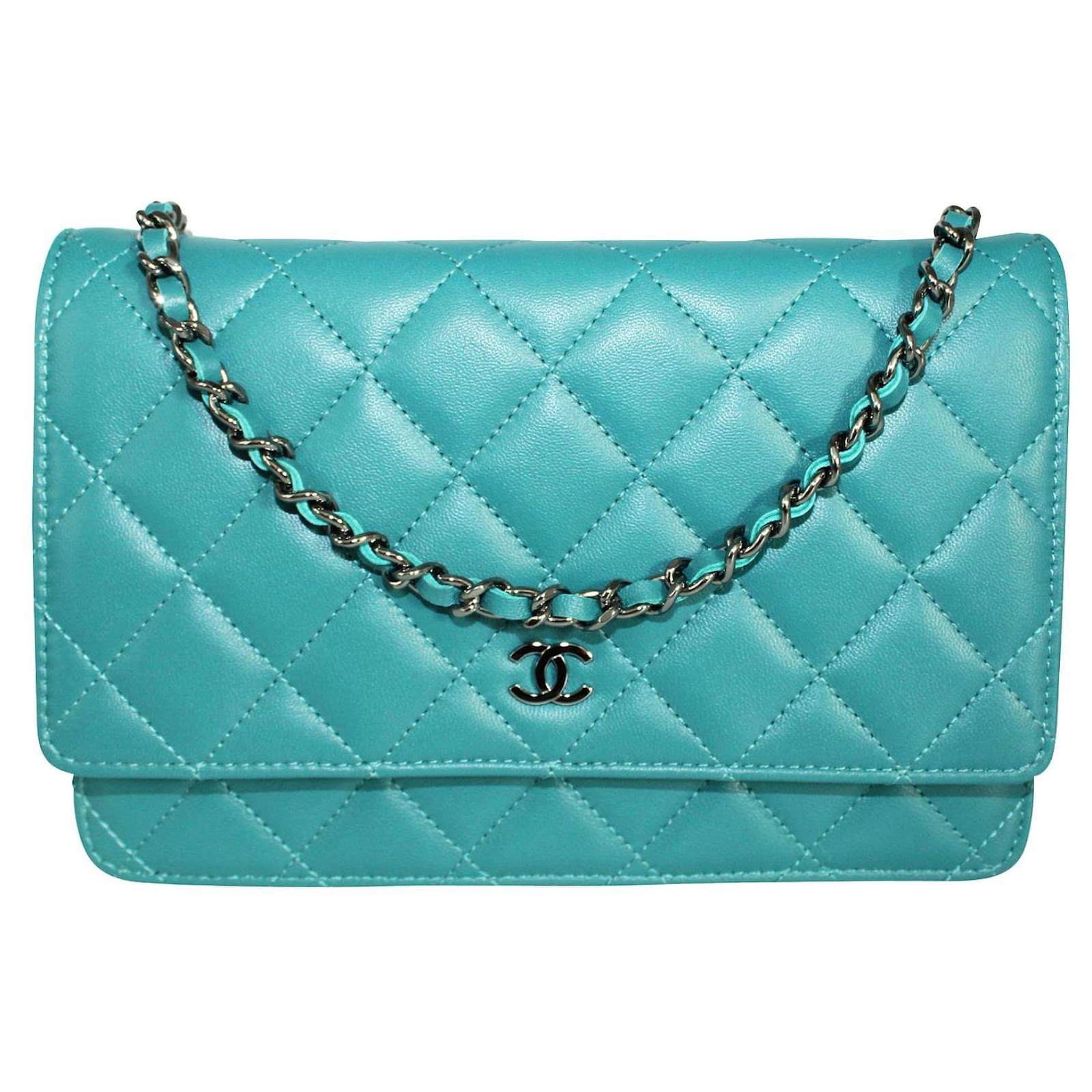 Chanel Teal Blue Wallet on Chain with Silver CC Lambskin ref