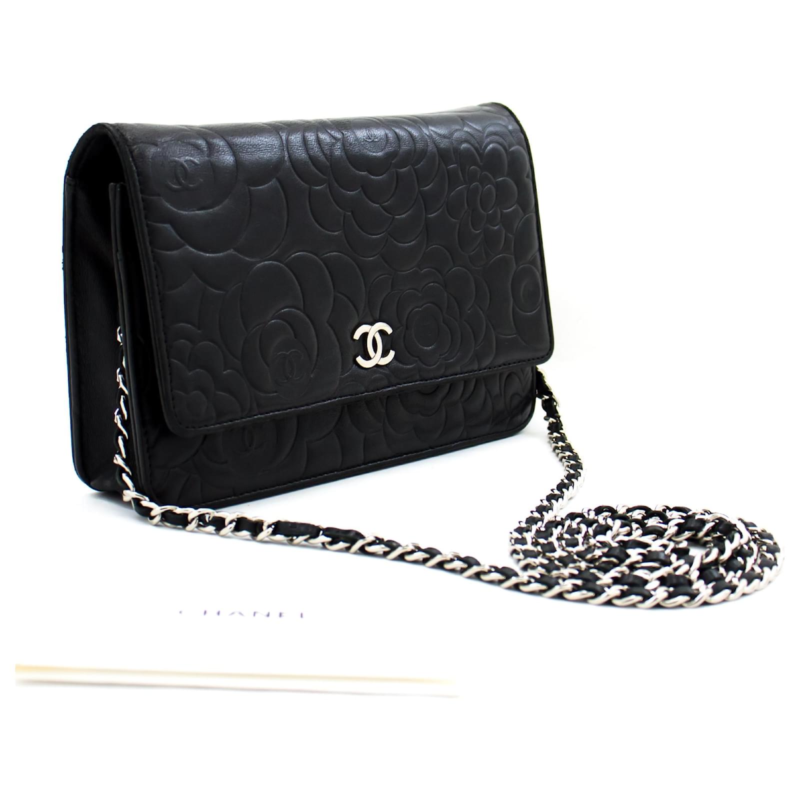 CHANEL Black Camellia Embossed Wallet On Chain WOC Shoulder Bag SV