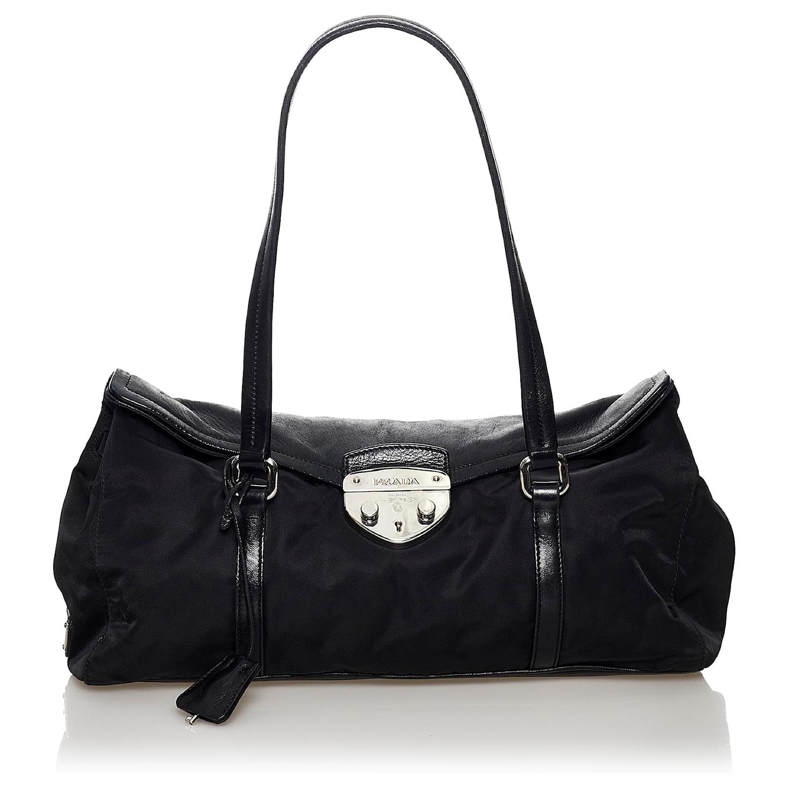 Prada Black Sound Lock Tessuto Shoulder Bag Leather Pony
