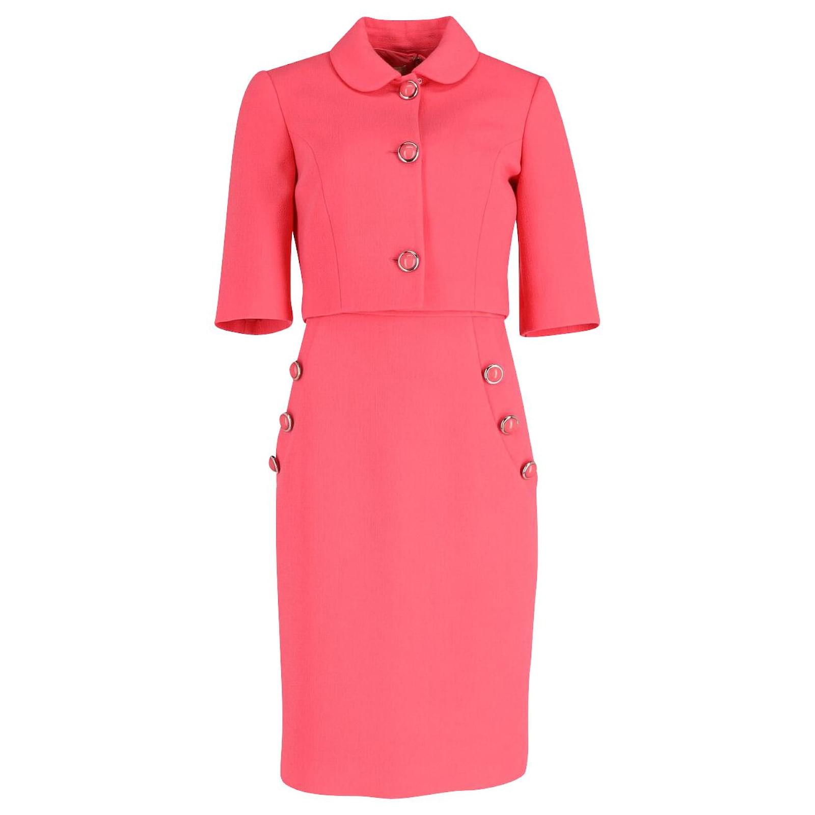 Michael Kors Button-Embellished Shift Dress with Cropped Jacket in Coral  Pink Wool  - Joli Closet