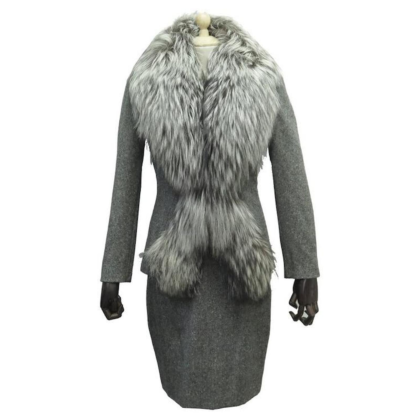 CHRISTIAN DIOR SUIT JACKET + SKIRT S 36 SILVER FOX FUR COLLAR WOOL