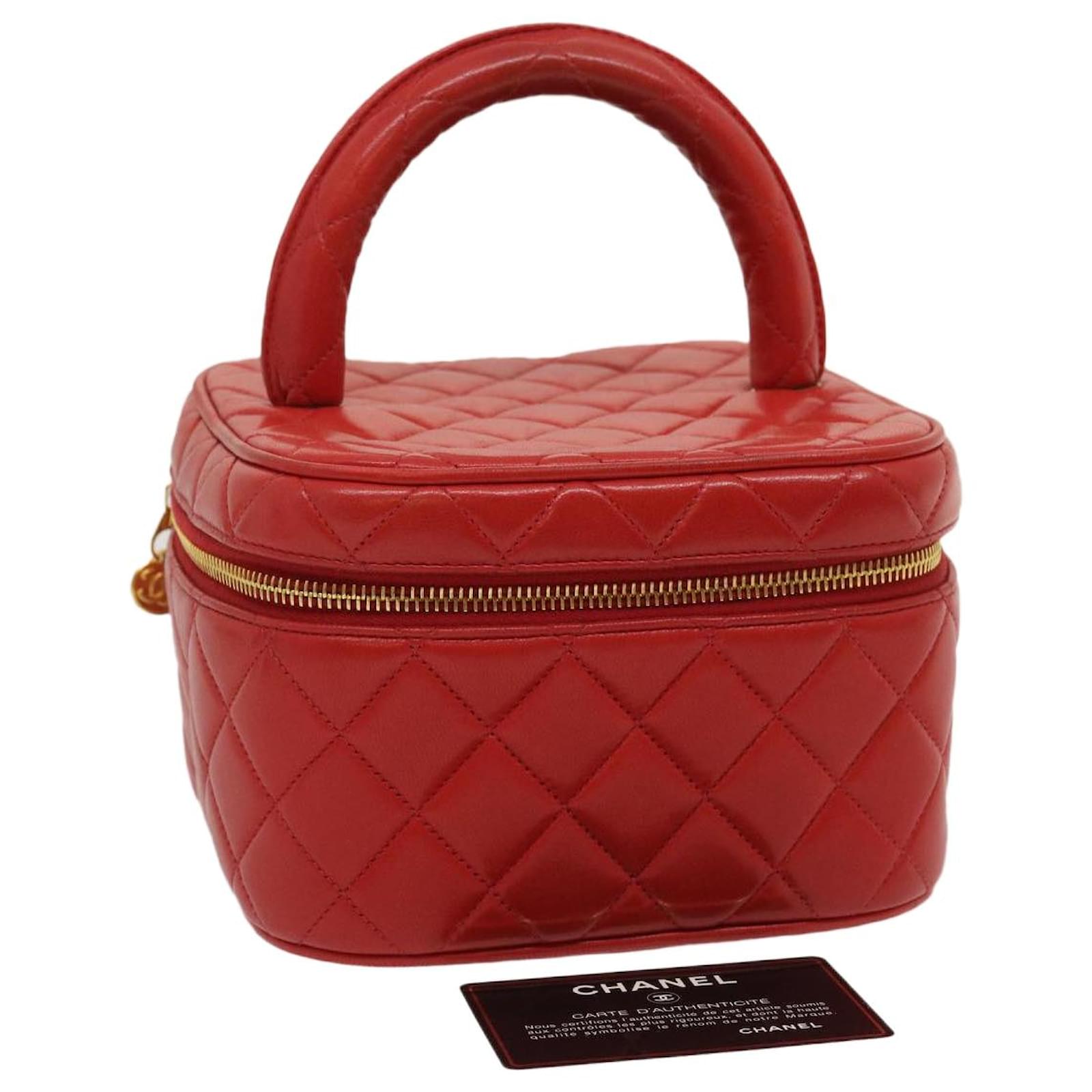 CHANEL Matelasse Hand Bag Cosmetic Pouch Vanity Lamb Skin Red CC