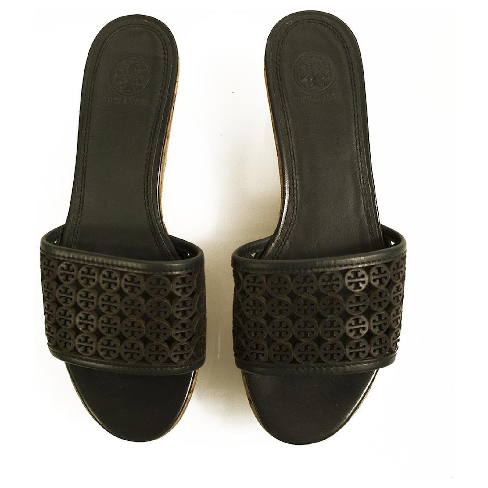 Tory Burch Logo Black Leather Cork Platform Flatforms Slides Sandals size  8M  - Joli Closet