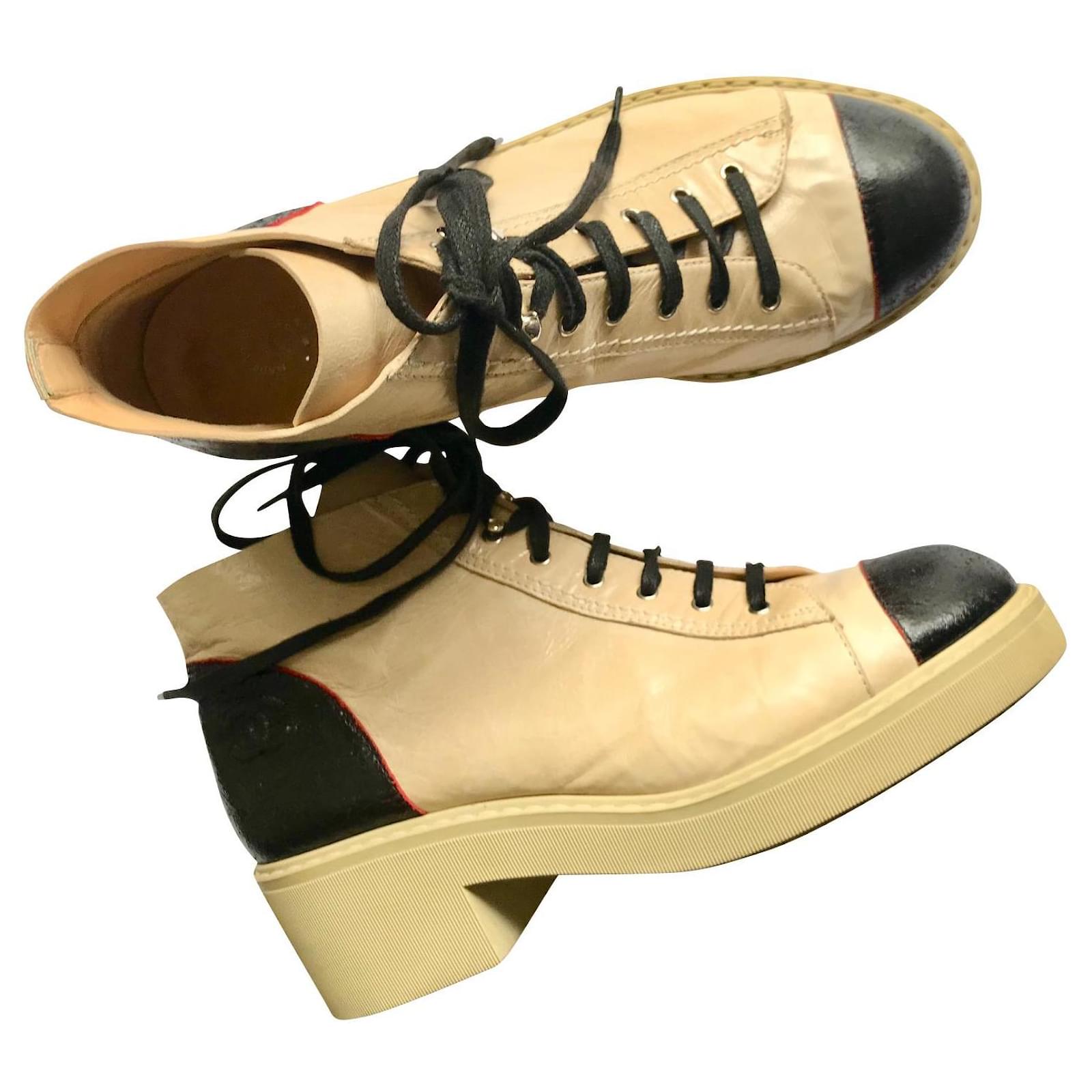 Chanel Beige/Black Interlocking Leather Cap Toe Mid Calf Boots