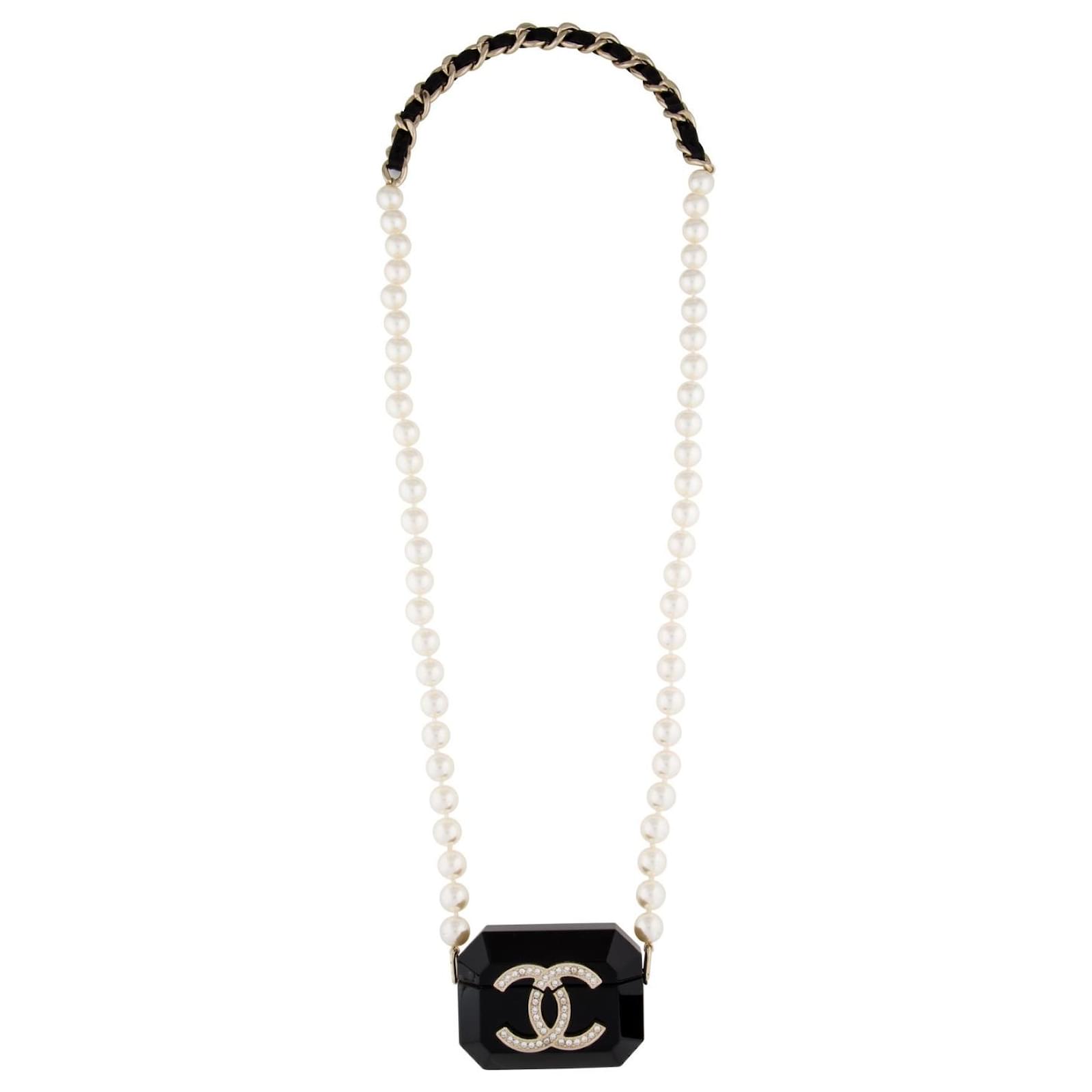 Chanel AirPod Pro Necklace Black White Gold hardware Leather Pearl  Gold-plated Acetate  - Joli Closet