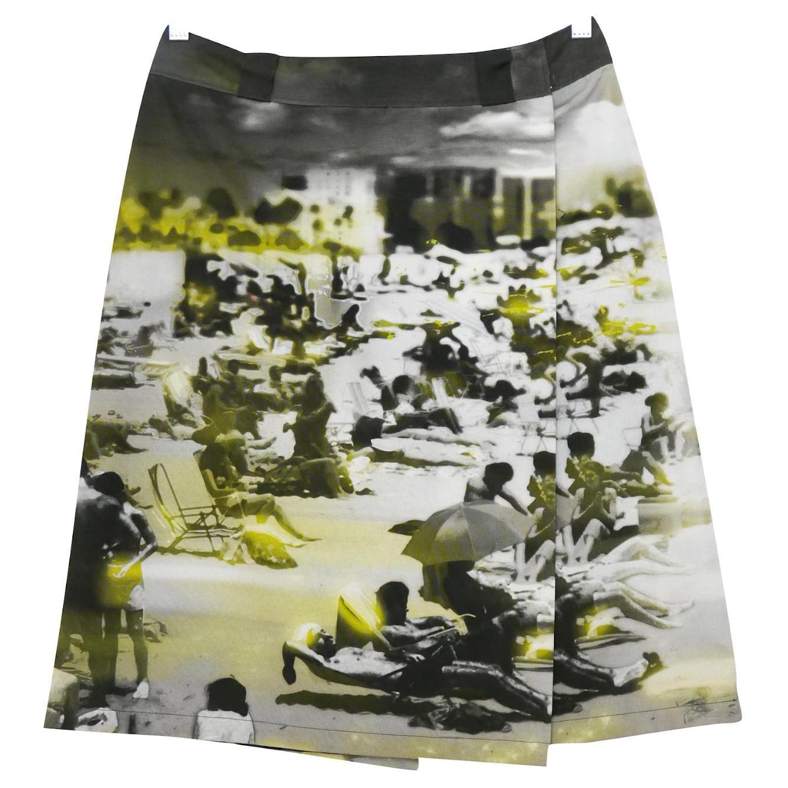 Prada PF18 Beach Print Skirt Black White Yellow Cotton ref.591390