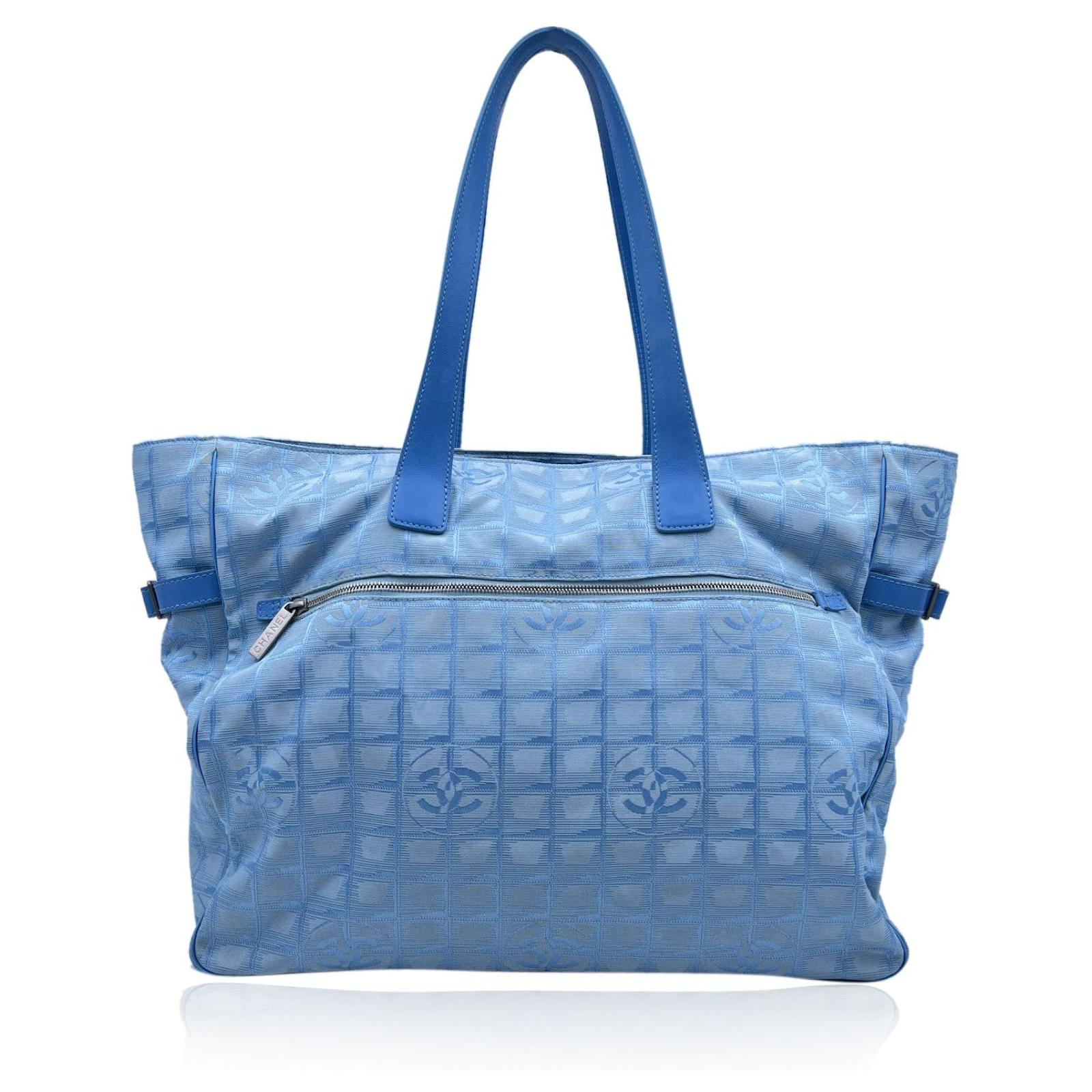 CHANEL Baby Blue Jacquard Travel Line Canvas Tote Bag