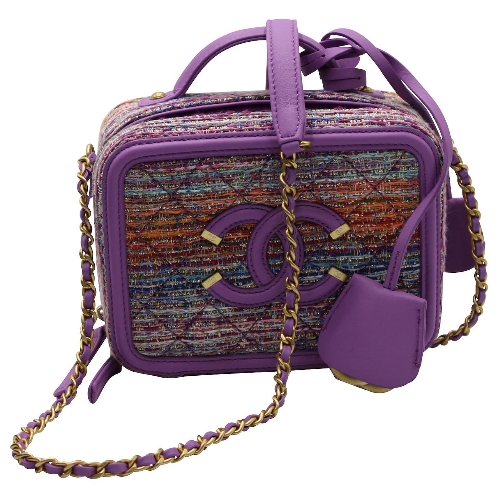 Chanel Tweed Quilted Filigree Vanity Bag in Purple Leather