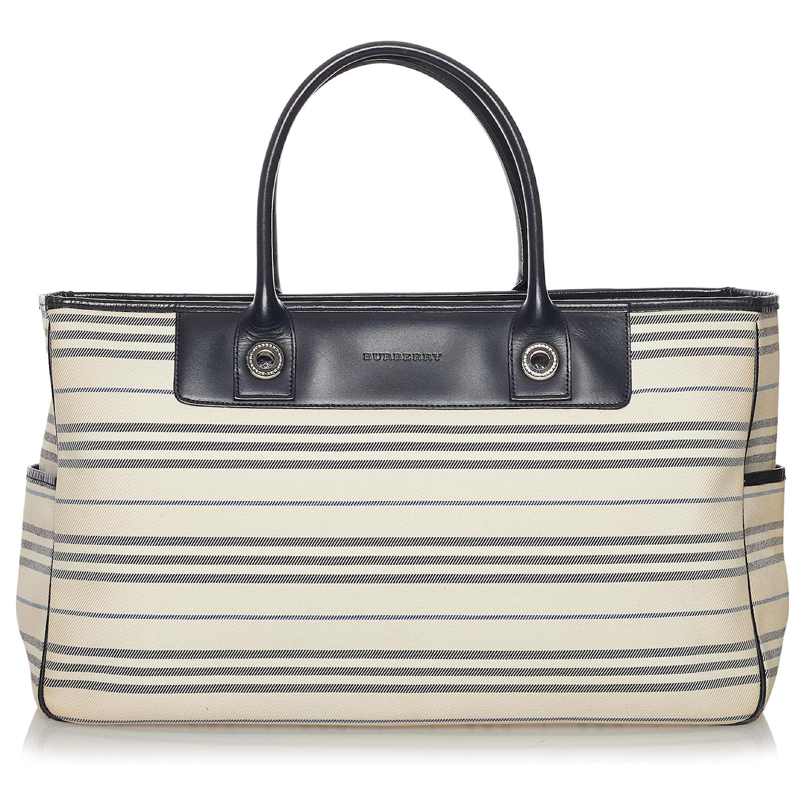 Burberry White Canvas Tote Bag Black Leather Cloth Pony-style calfskin  Cloth ref.528323 - Joli Closet