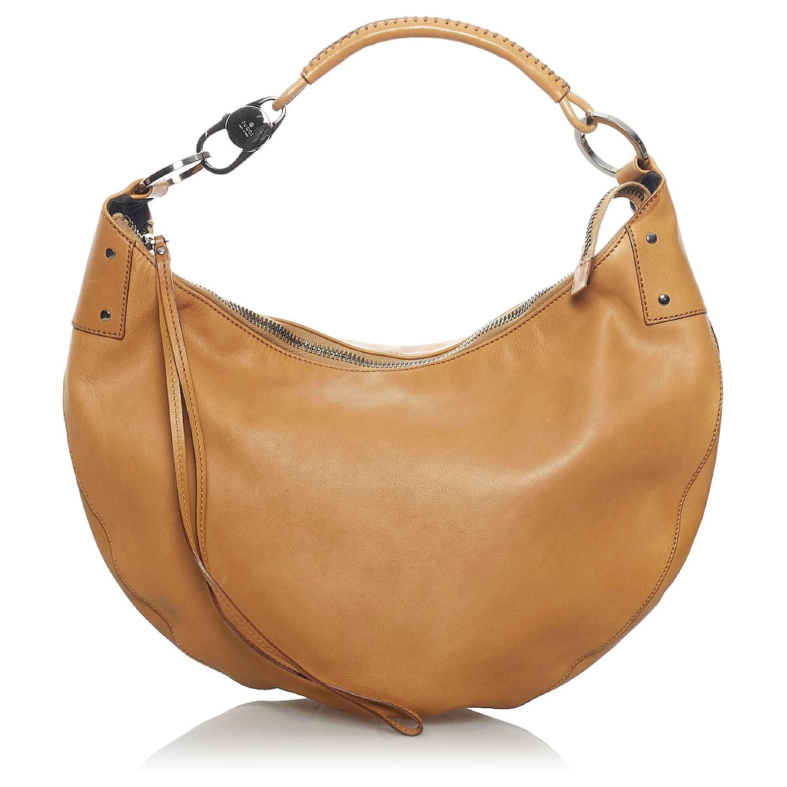 ハンドバッグ GUCCI HALFMOON LEATHER HANDBAG Gucci Brown Half Moon Leather Hobo Bag Cloth Pony-style
