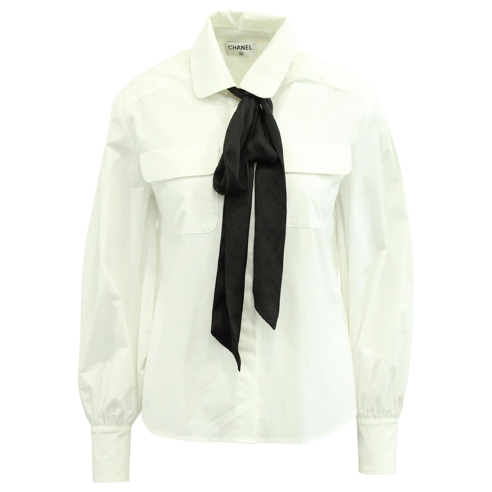 Chanel Contrast Neck Tie Detail Blouse in White Cotton