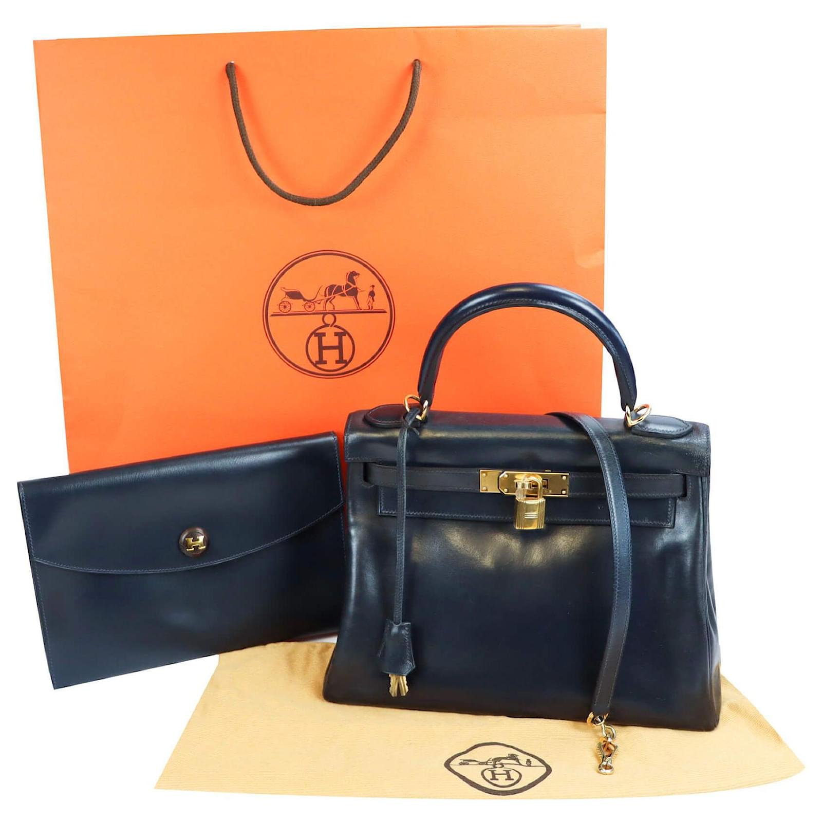 Hermès hermes kelly 28 Blue Boxcalf Gold Leather Pony-style calfskin  ref.592698 - Joli Closet