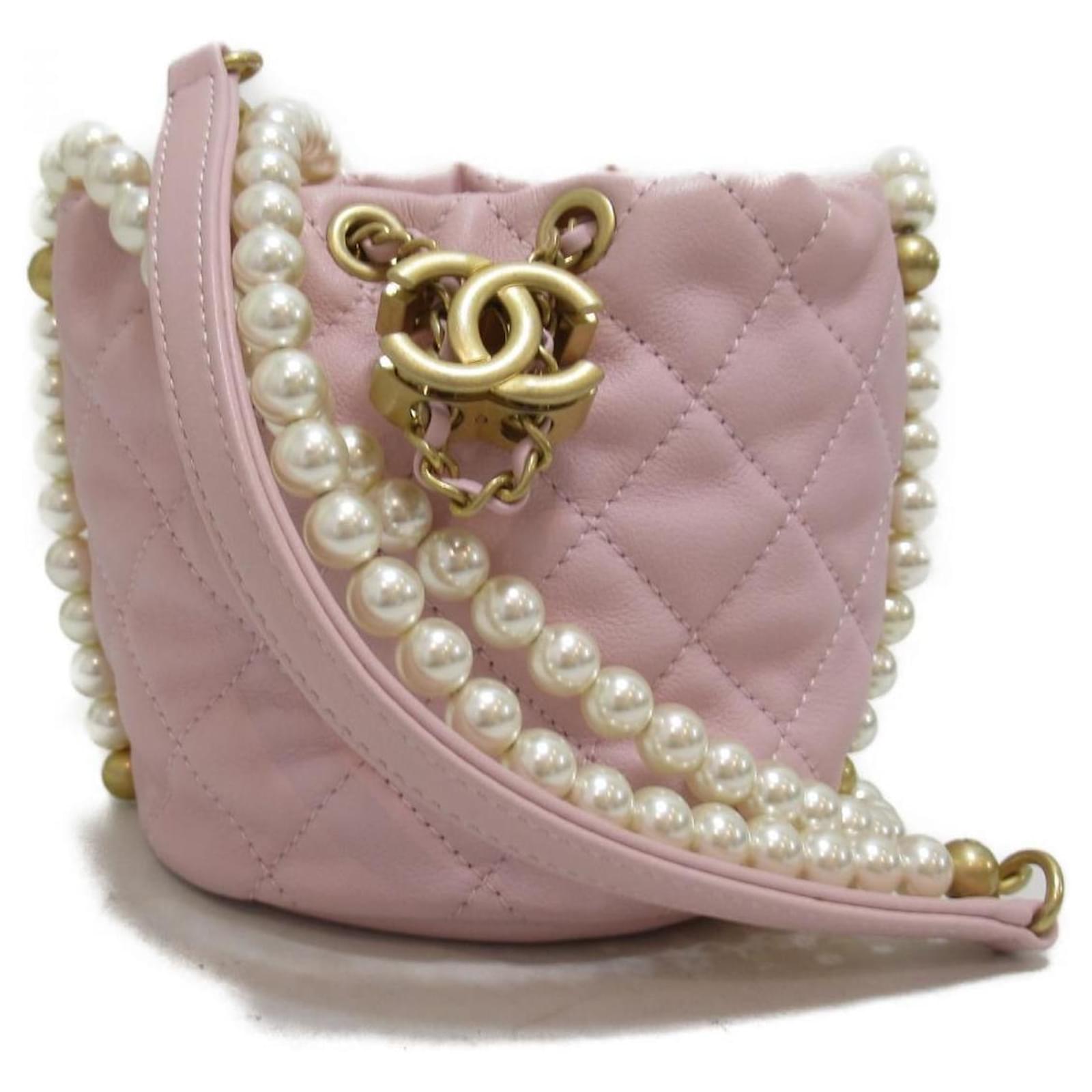 Chanel Matelasse Pearl Chain Bucket Bag Pink Leather Pony-style