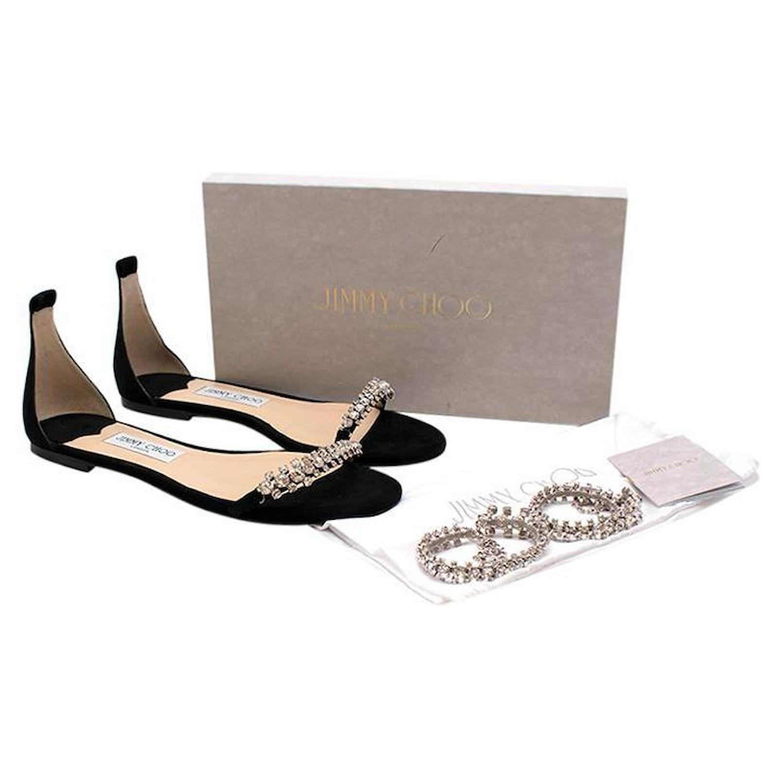 Jimmy Choo Black suede crystal Shiloh ankle strap flat pumps ref