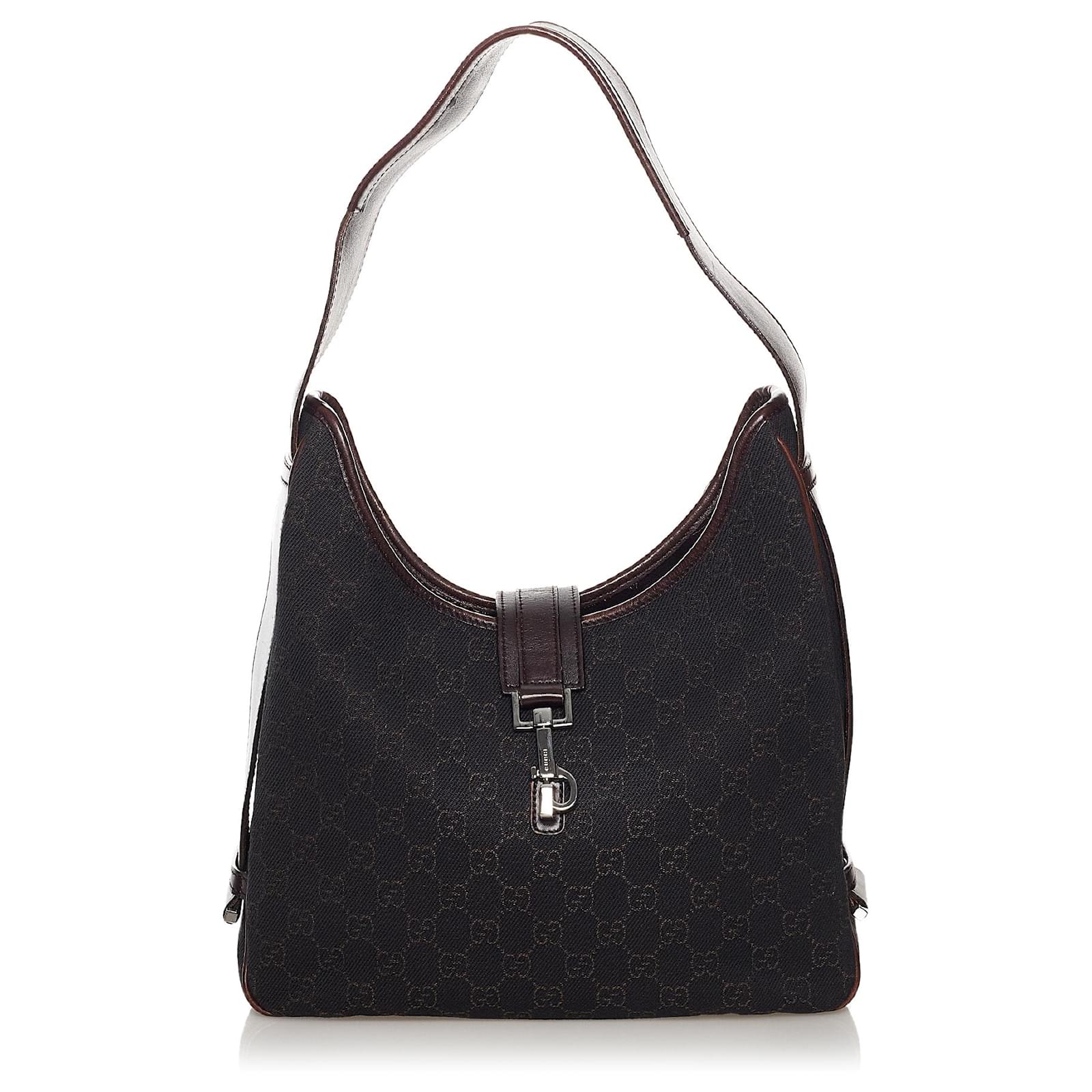 Gucci Black GG Canvas Shoulder Bag Brown Dark brown Leather