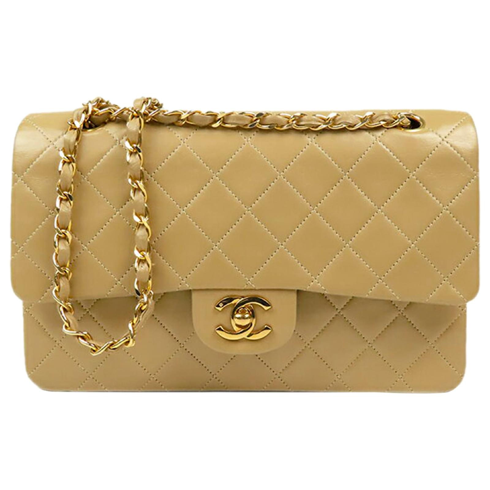 Chanel Brown Medium Classic Lambskin Leather lined Flap Bag Beige