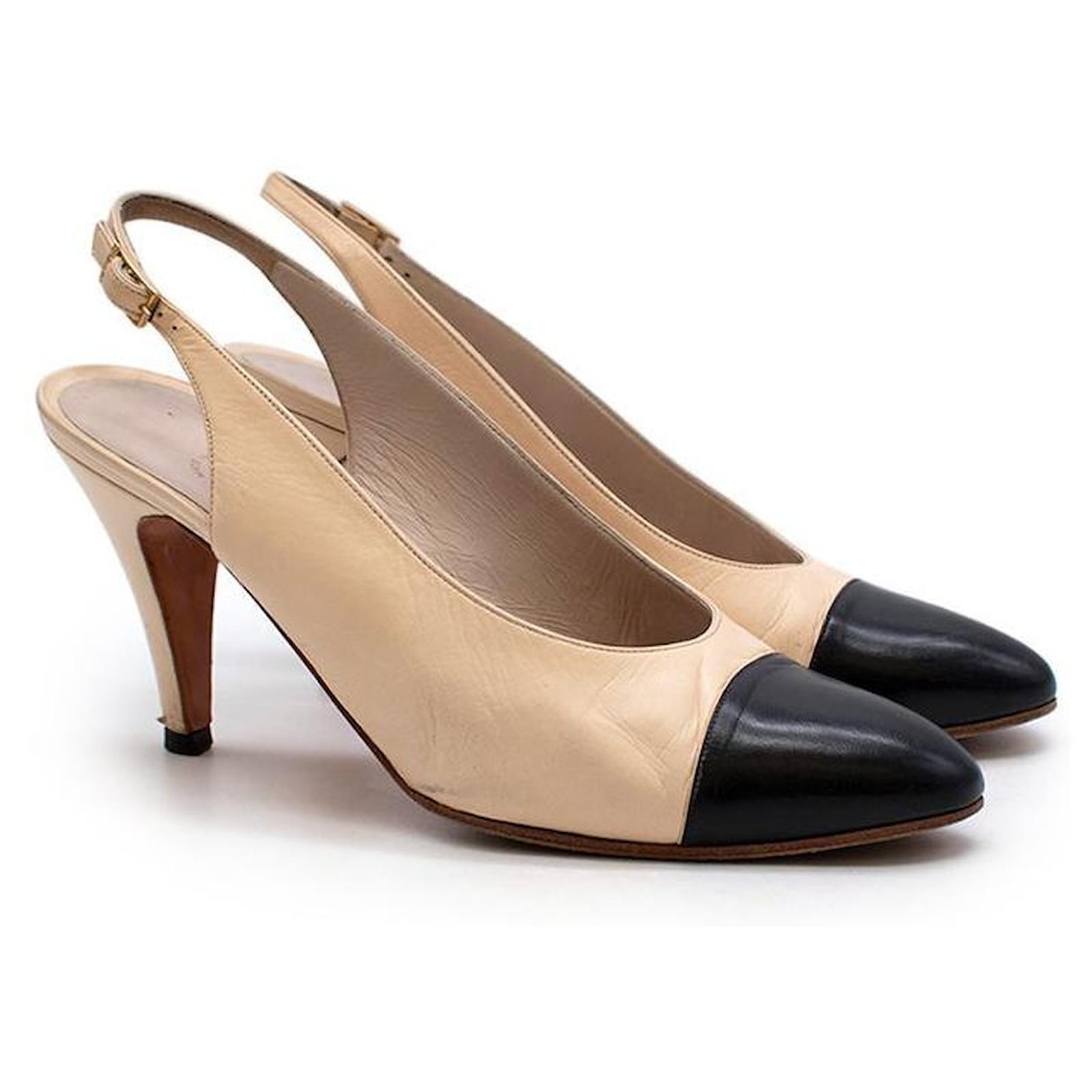 Chanel Vintage cream & black leather slingback heeled pumps White  ref.596460 - Joli Closet