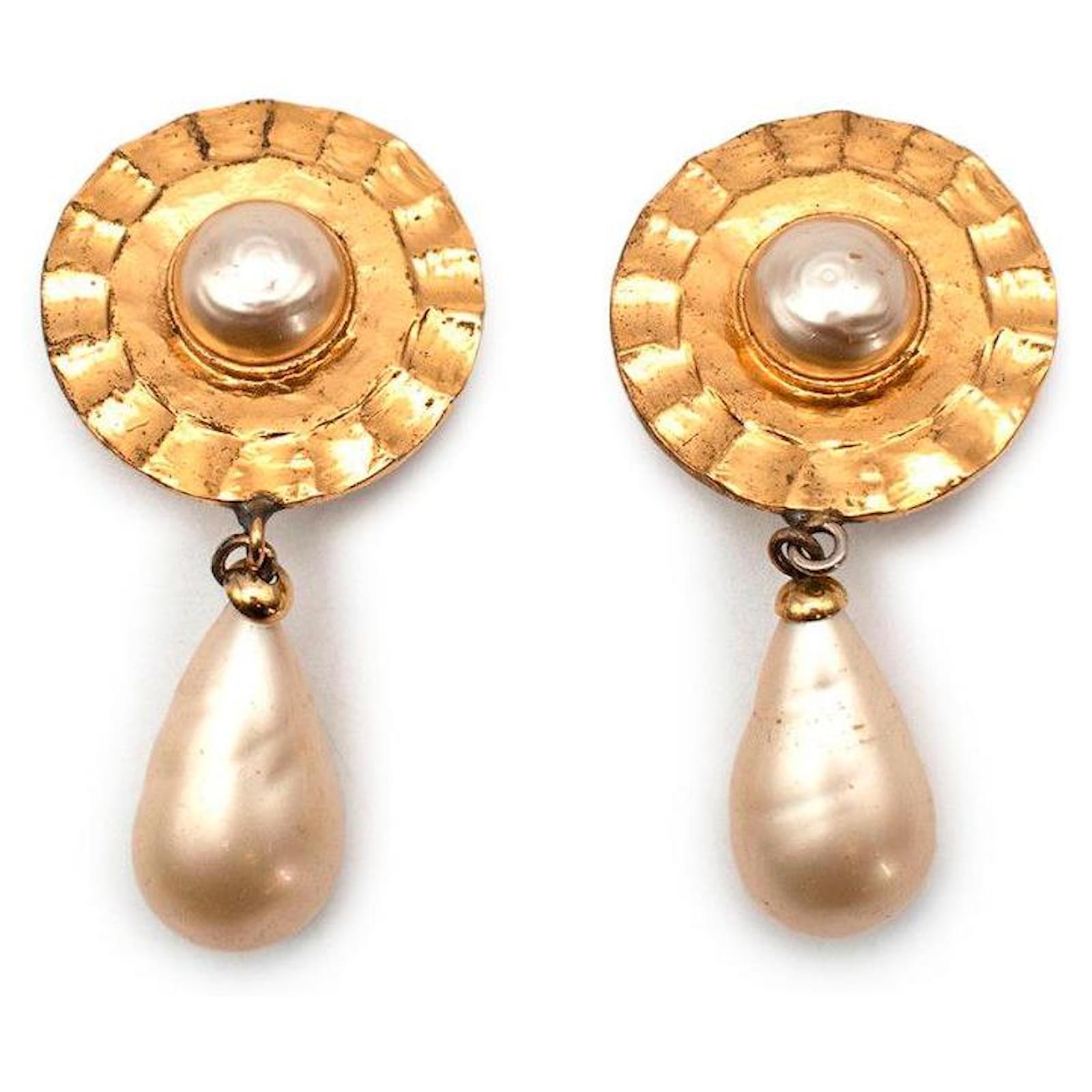 Chanel Vintage Gold-Tone Metal & Faux-Pearl Clip Drop Earrings