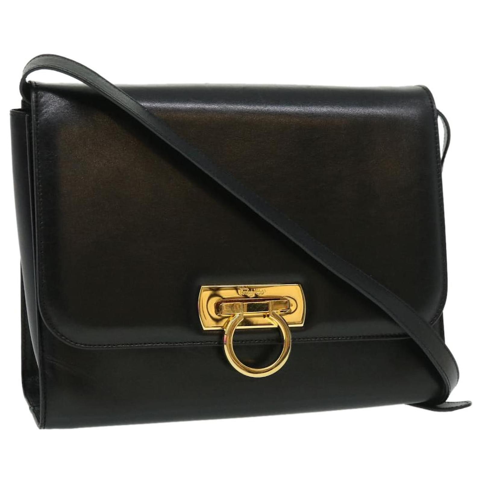 Salvatore Ferragamo Gancini Shoulder Bag Leather Black Gold