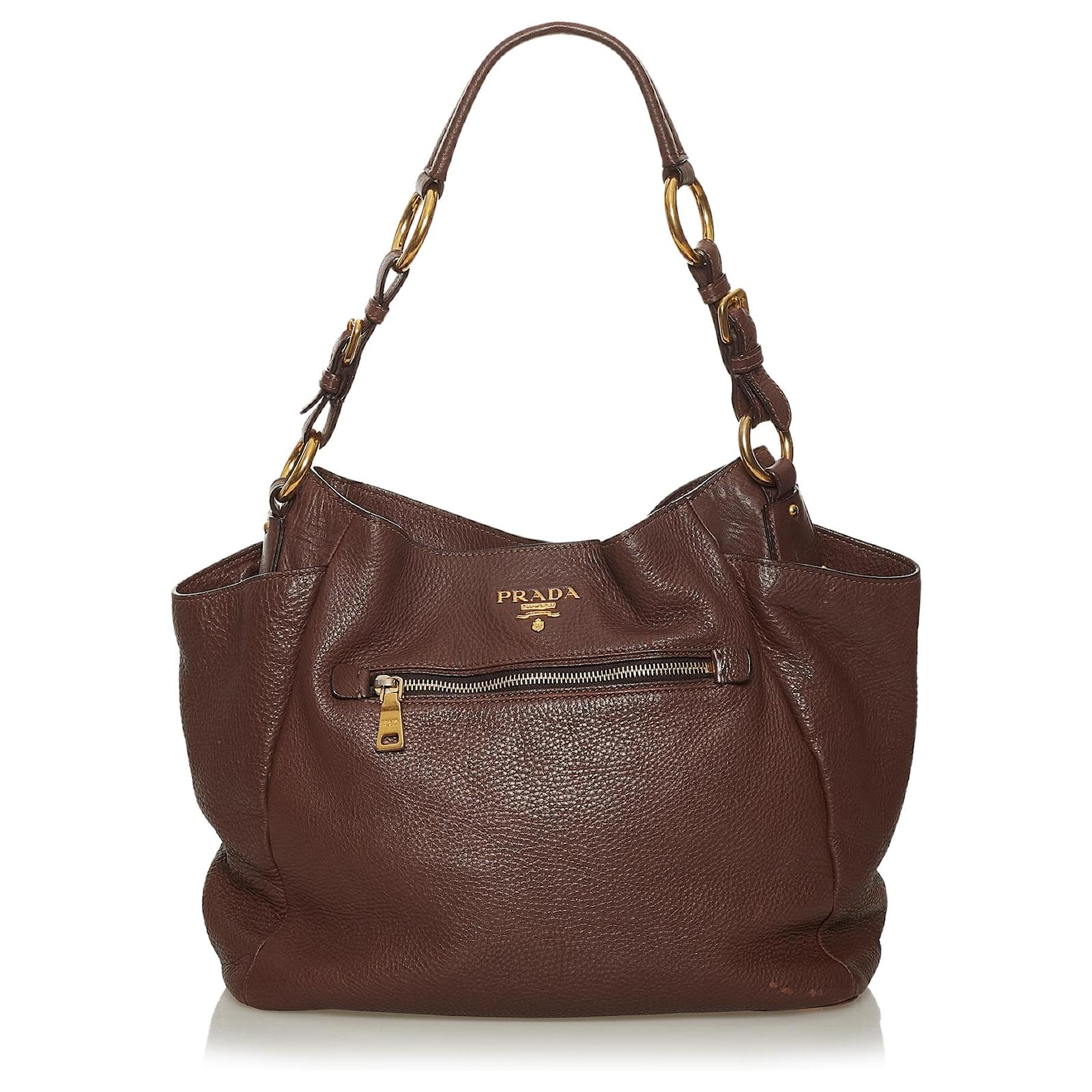 Prada Leather Side Pocket Hobo Shoulder Bag Brown