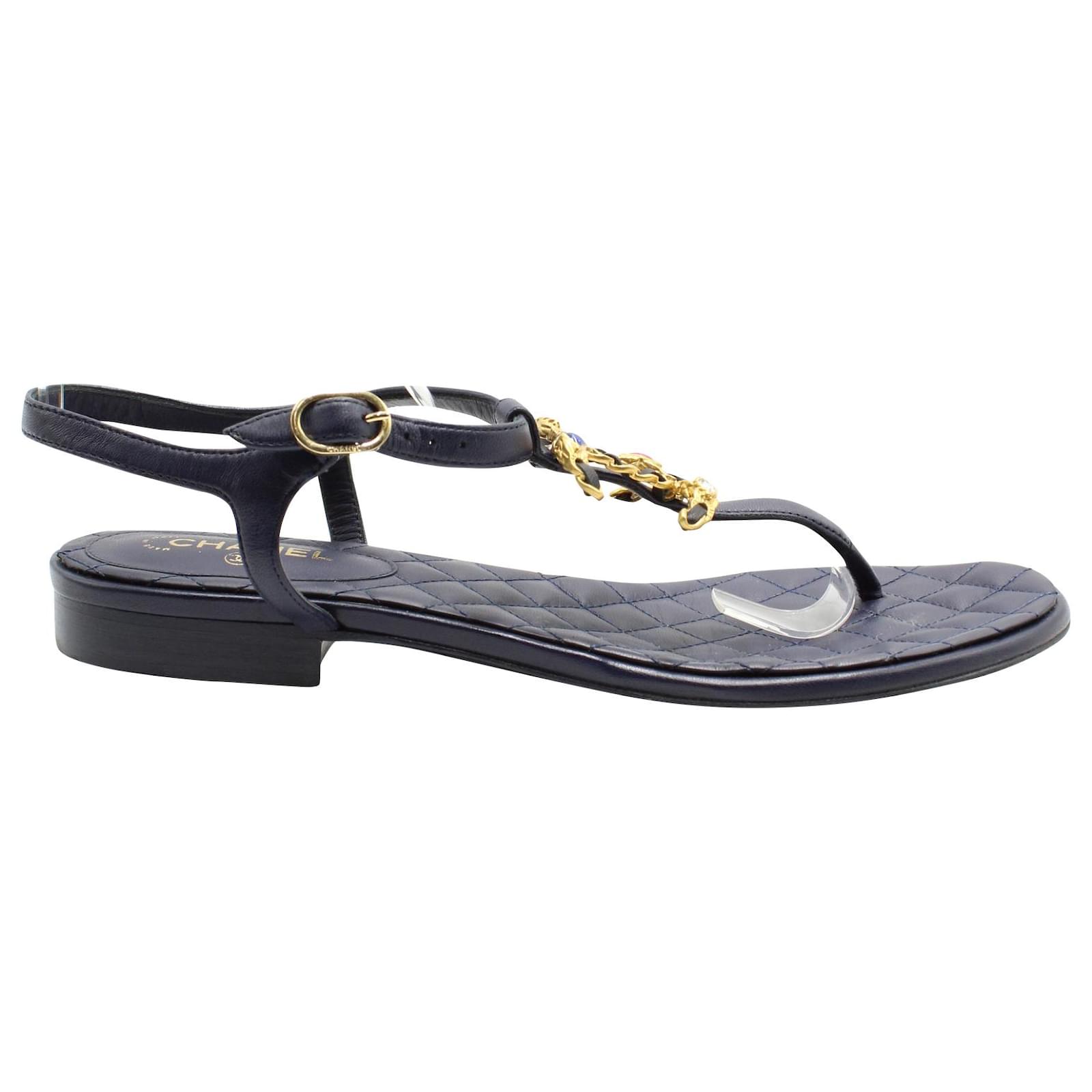 Chanel Thong Strappy Sandals in Navy Blue Leather