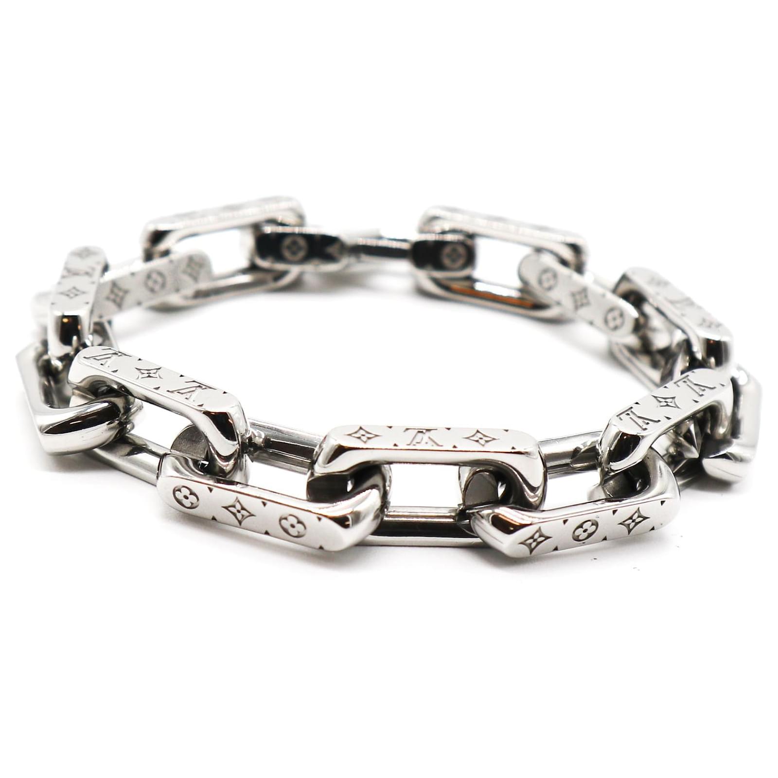 Louis Vuitton Silver Monogram Engraved Chain Bracelet Size M