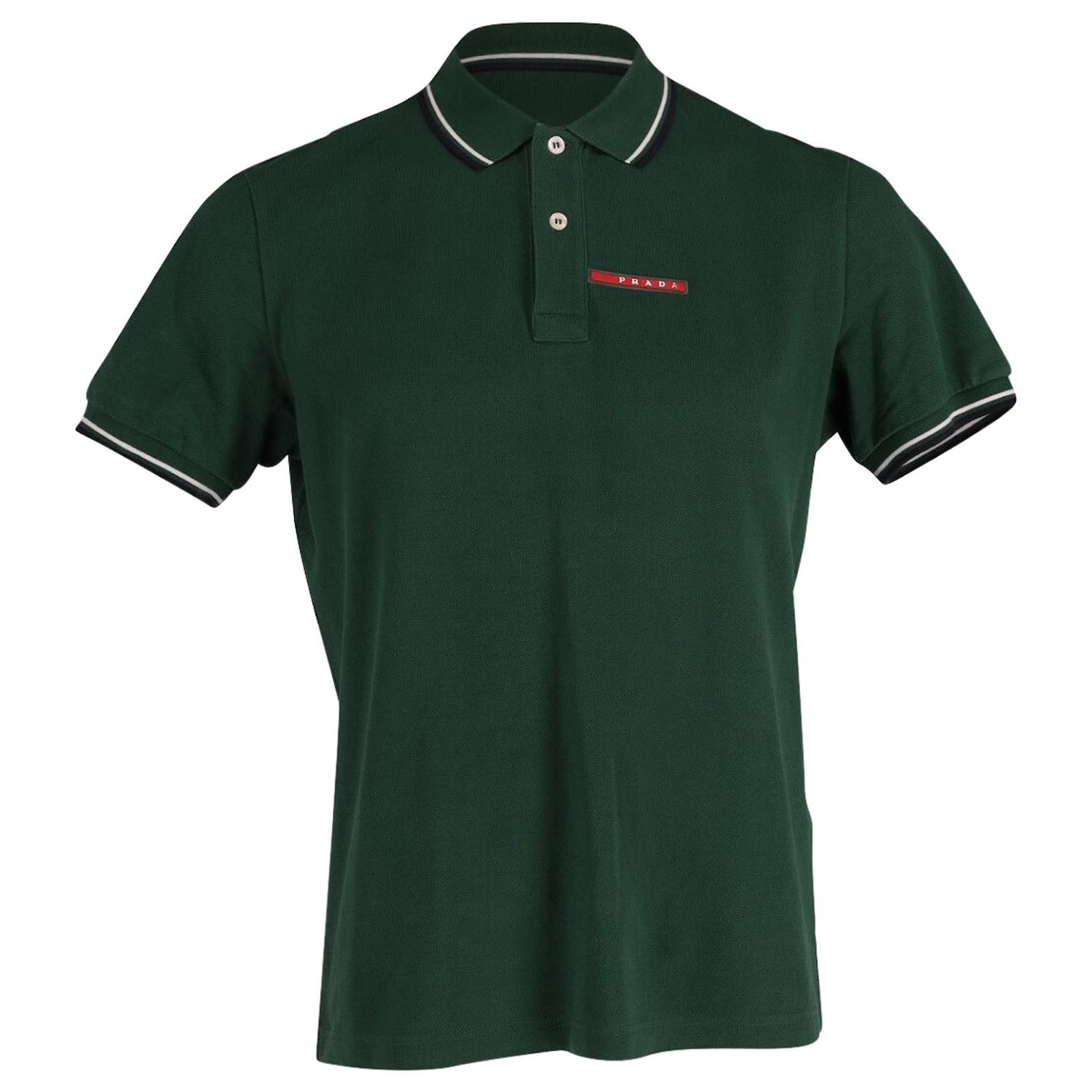 Prada Striped Trim Detail Polo T-Shirt in Green Cotton ref.604216