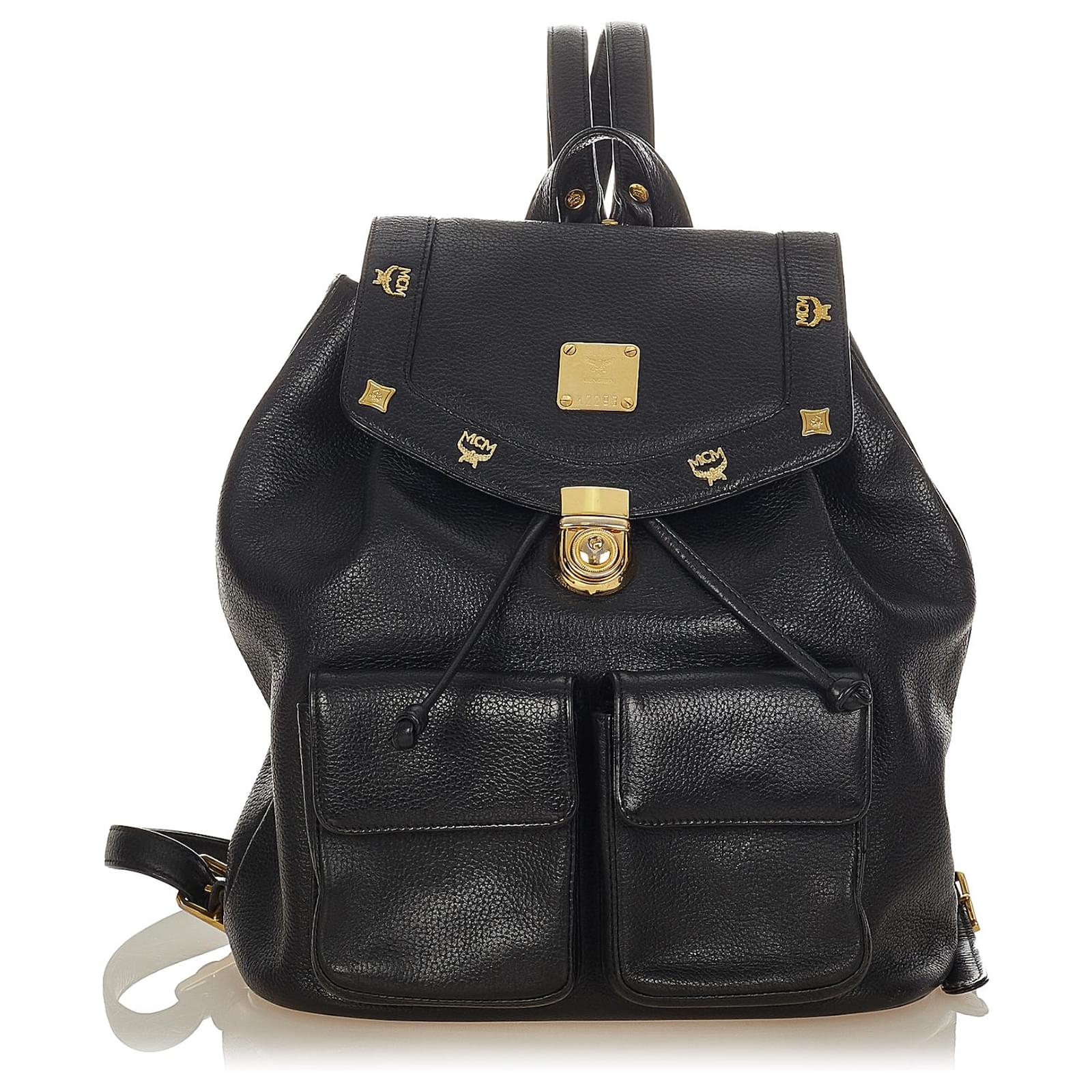 MCM Black Leather Drawstring Backpack Ponystyle calfskin ref.604304