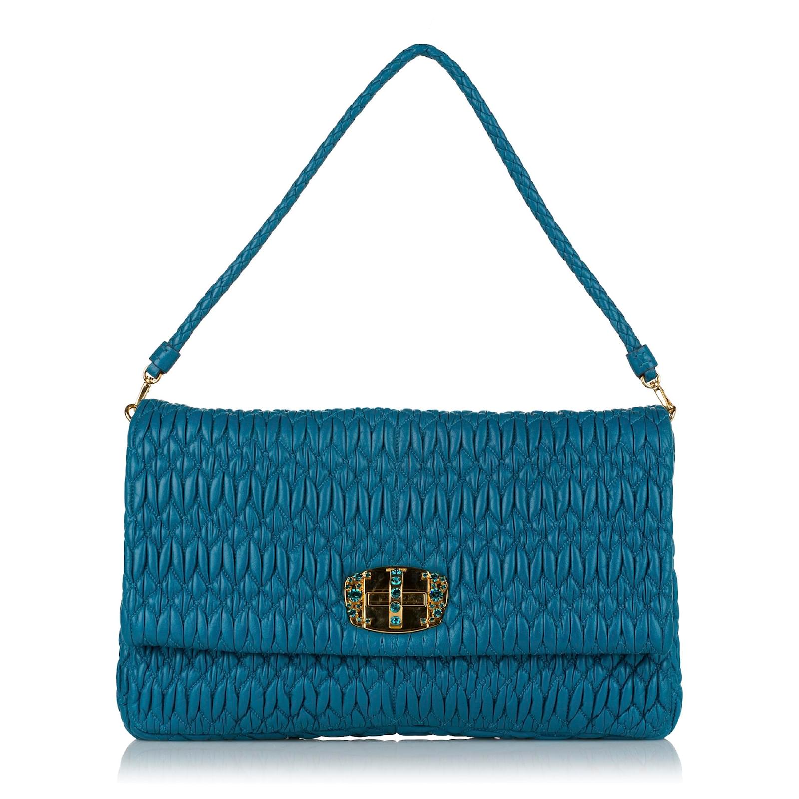 Miu Miu Blue Matelasse Nappa Leather Crystal Tote Miu Miu