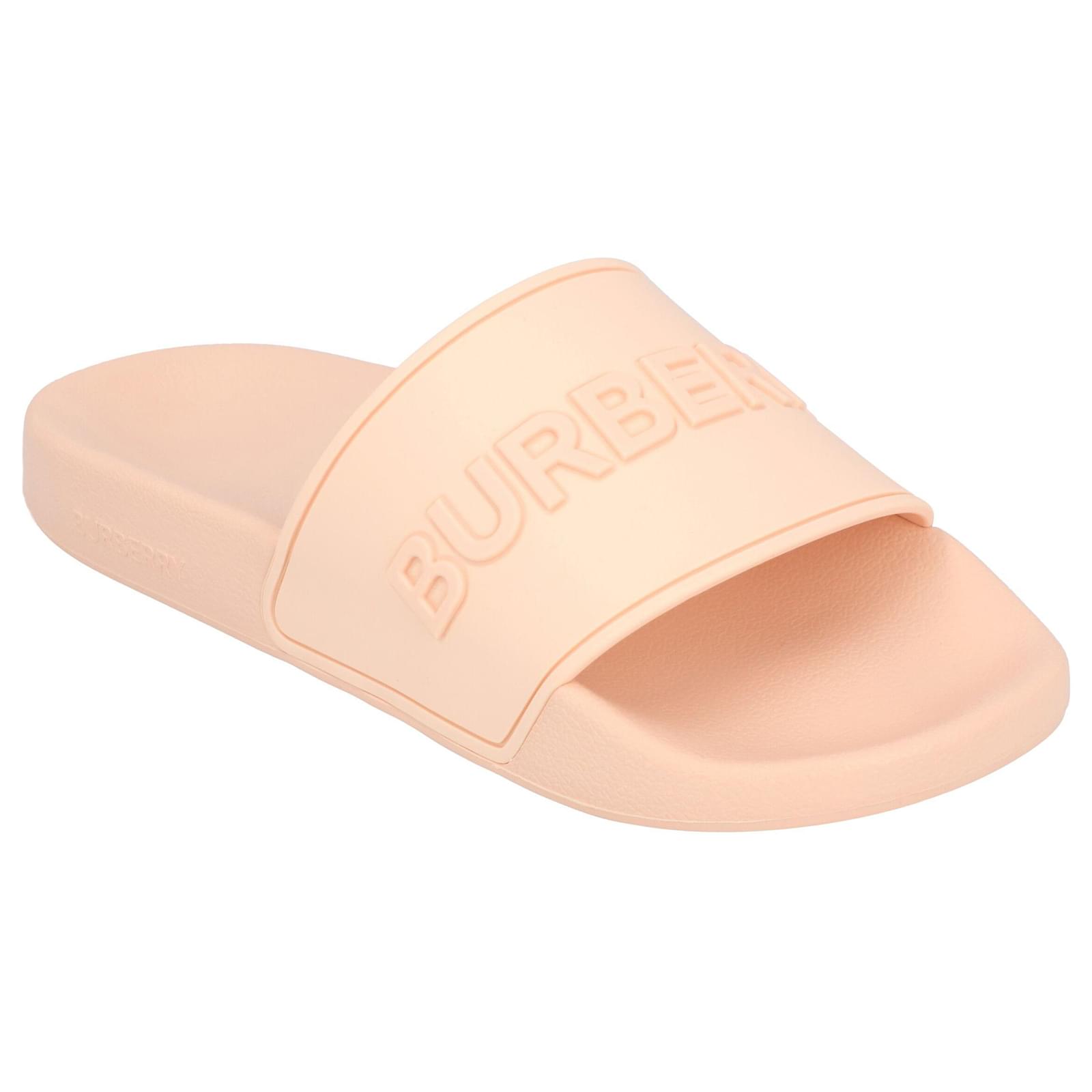 Burberry women logo embossed slides in peach pink rubber ref