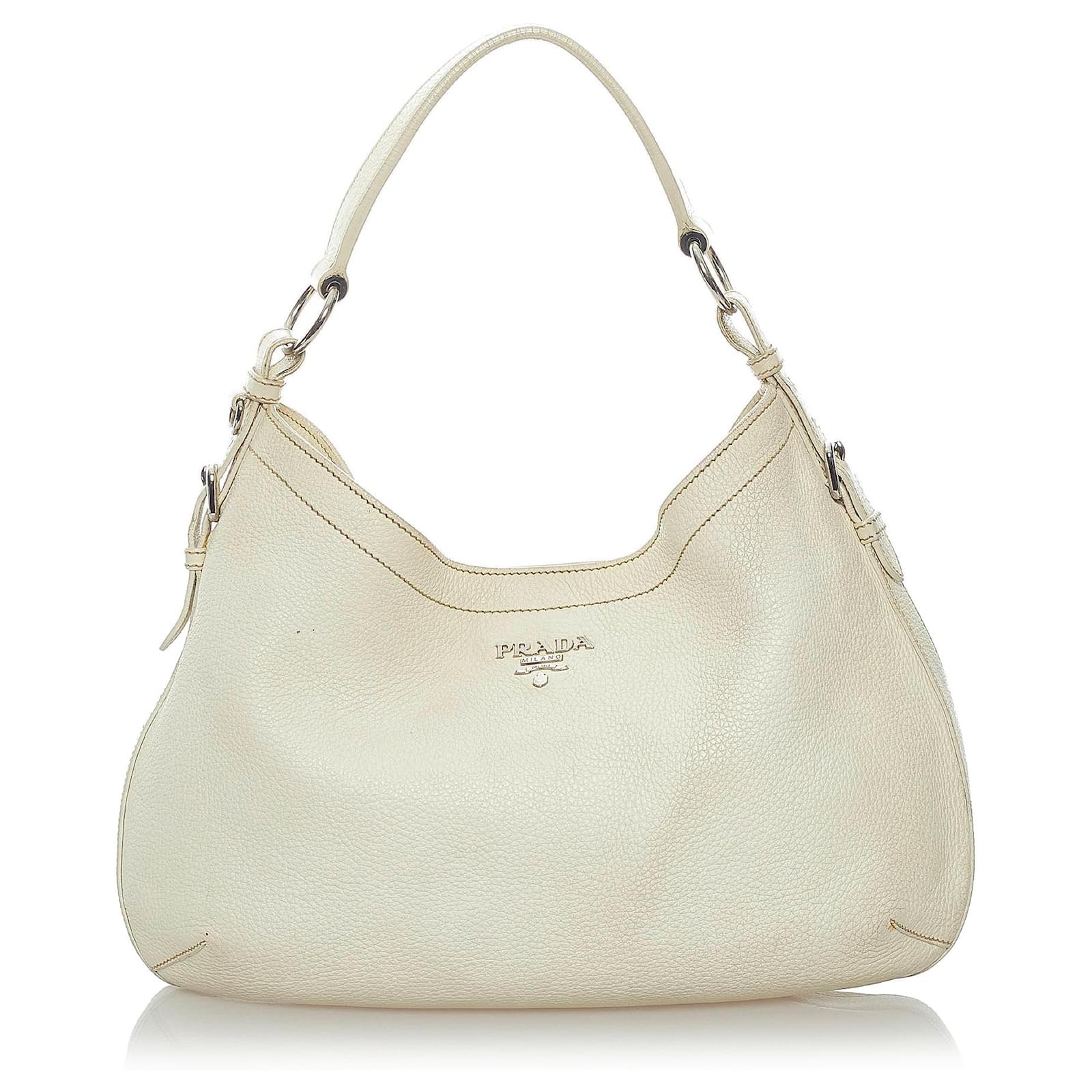 Prada Beige Pebbled Leather Side Zip Tote Bag