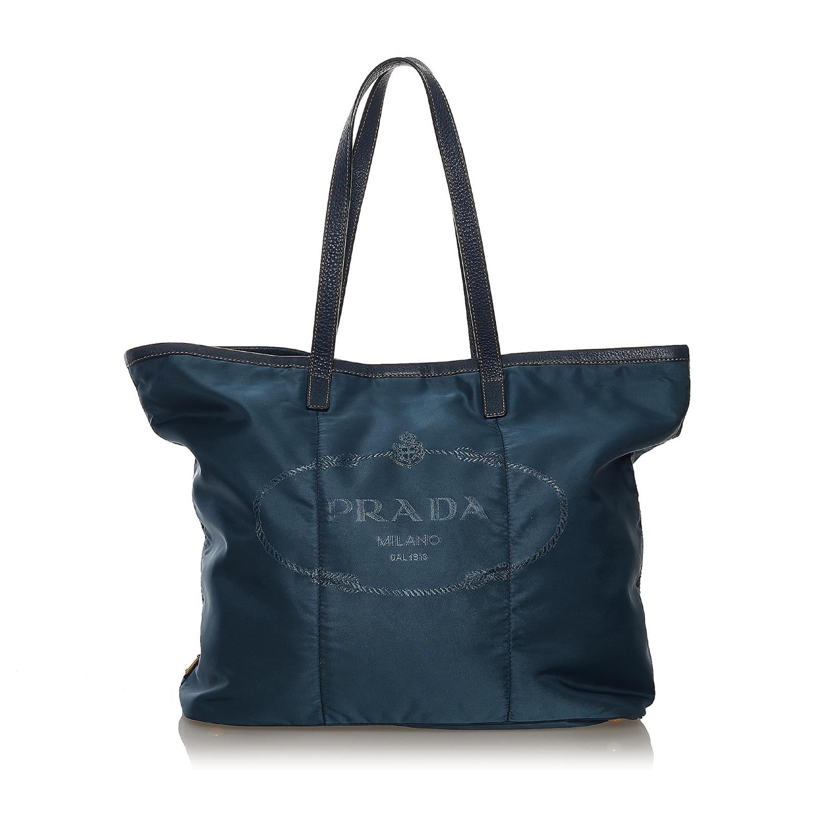 Prada Blue Canapa Logo Nylon Tote Bag Leather Pony-style