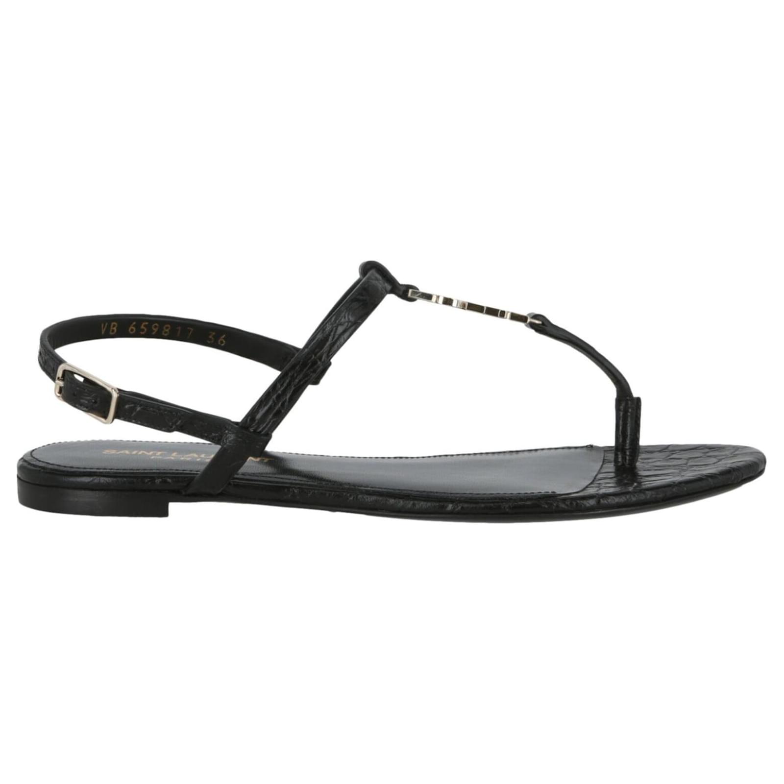 Saint Laurent CASSANDRA FLAT SANDALS Black Leather Pony-style calfskin ...