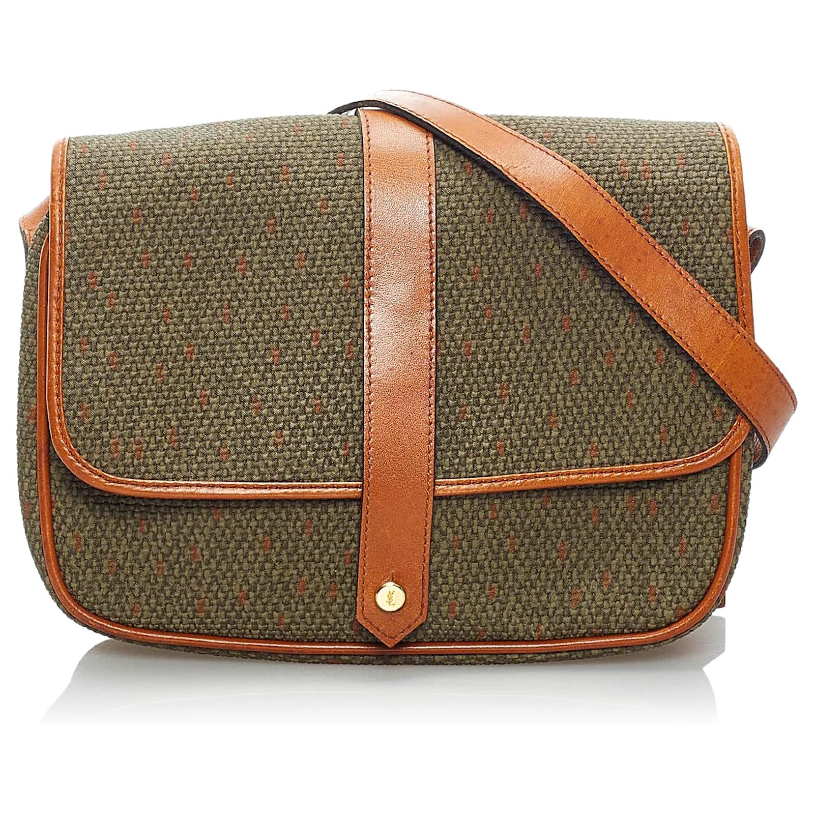 Yves Saint Laurent YSL Green Canvas Crossbody Bag Brown Leather Cloth