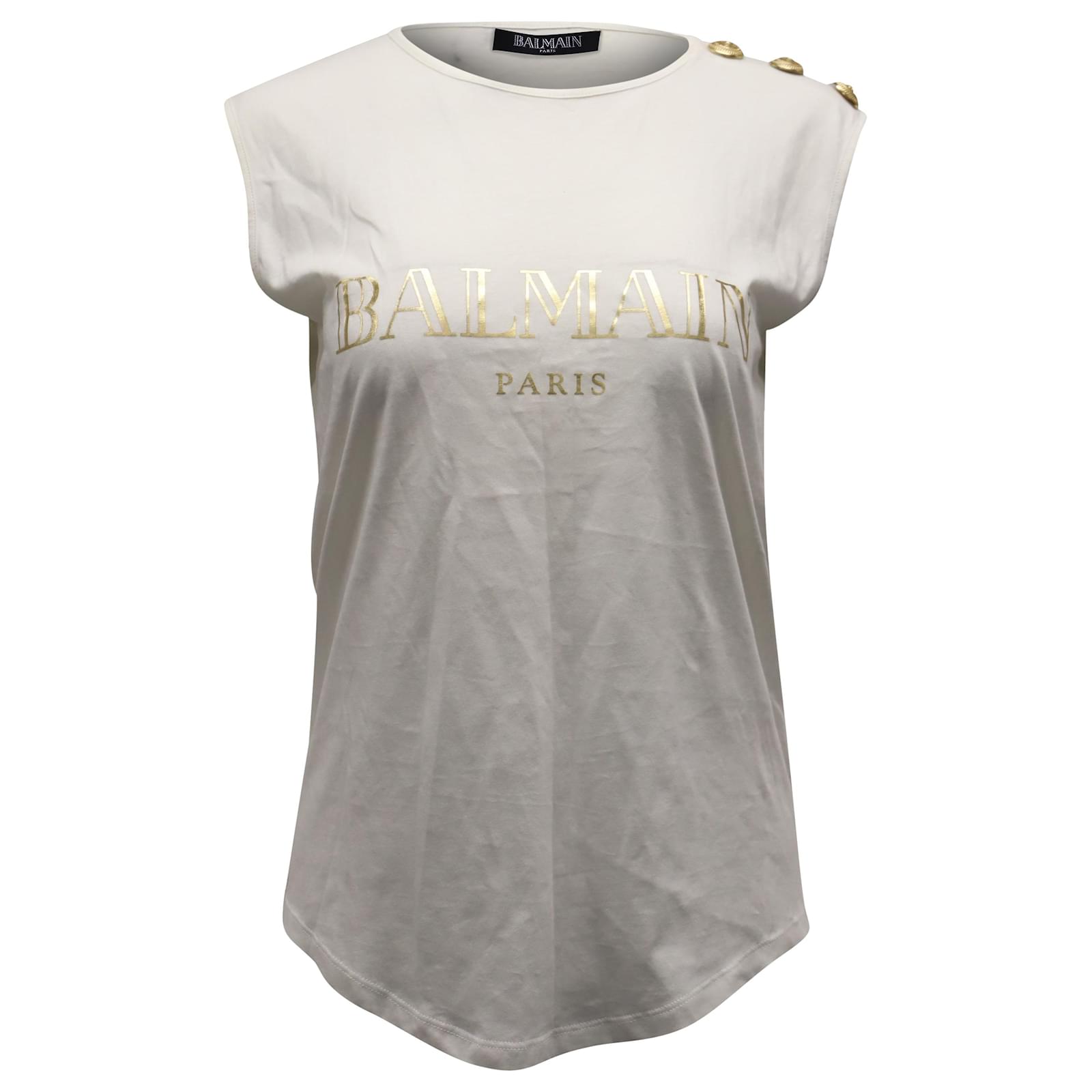 Balmain Logo Print Sleeveless T-shirt with Gold Buttons in White Cotton ...