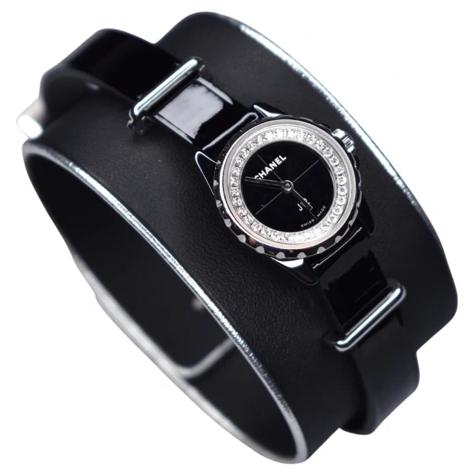 Chanel Collector J12 Diamond Watch with removable cuff Black Leather Patent  leather ref.610800 - Joli Closet