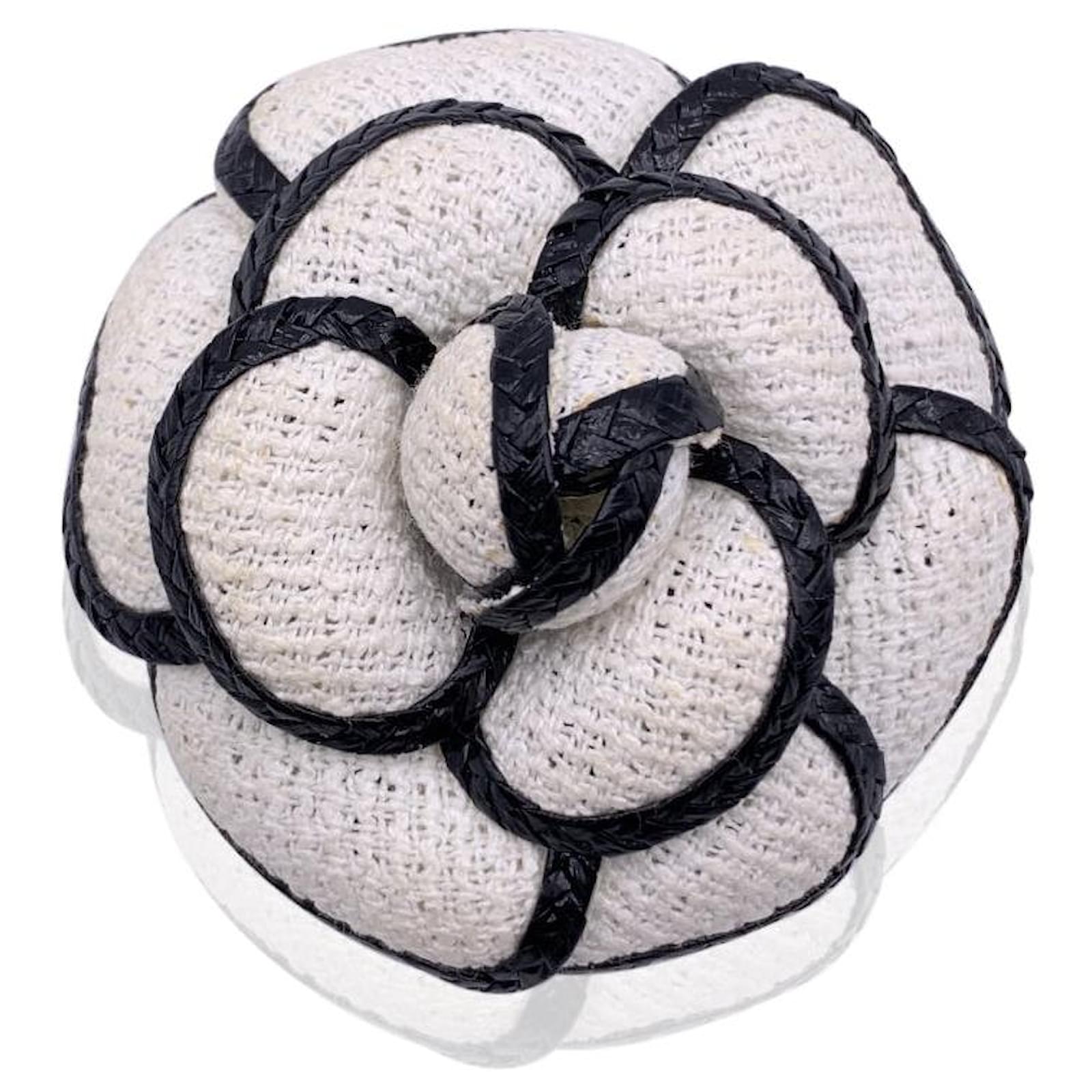 Chanel White Canvas Bicolor Camelia Camellia Flower Pin Brooch Cloth   - Joli Closet