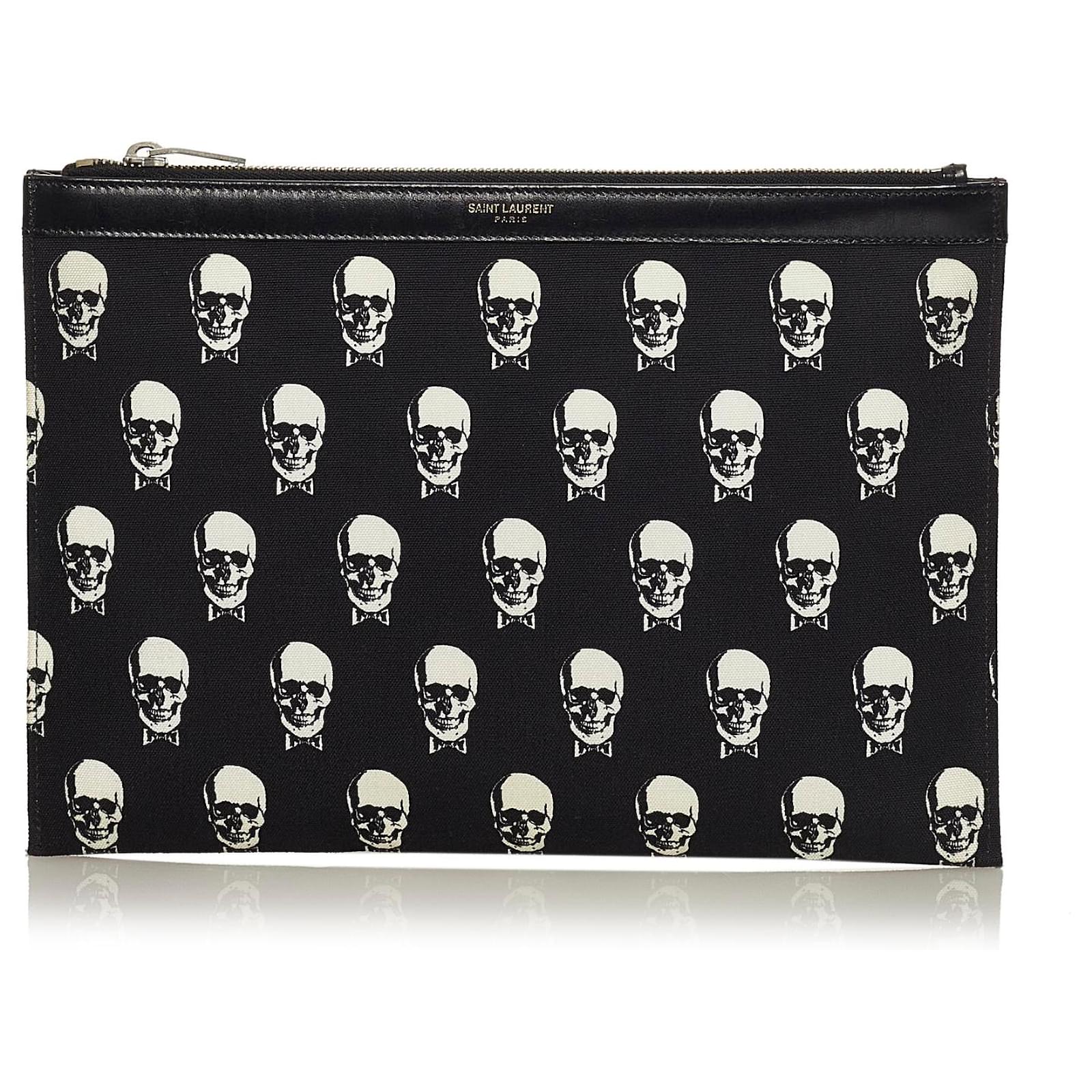 Saint Laurent Black Skeleton Print Nylon Clutch Bag White Leather Pony ...