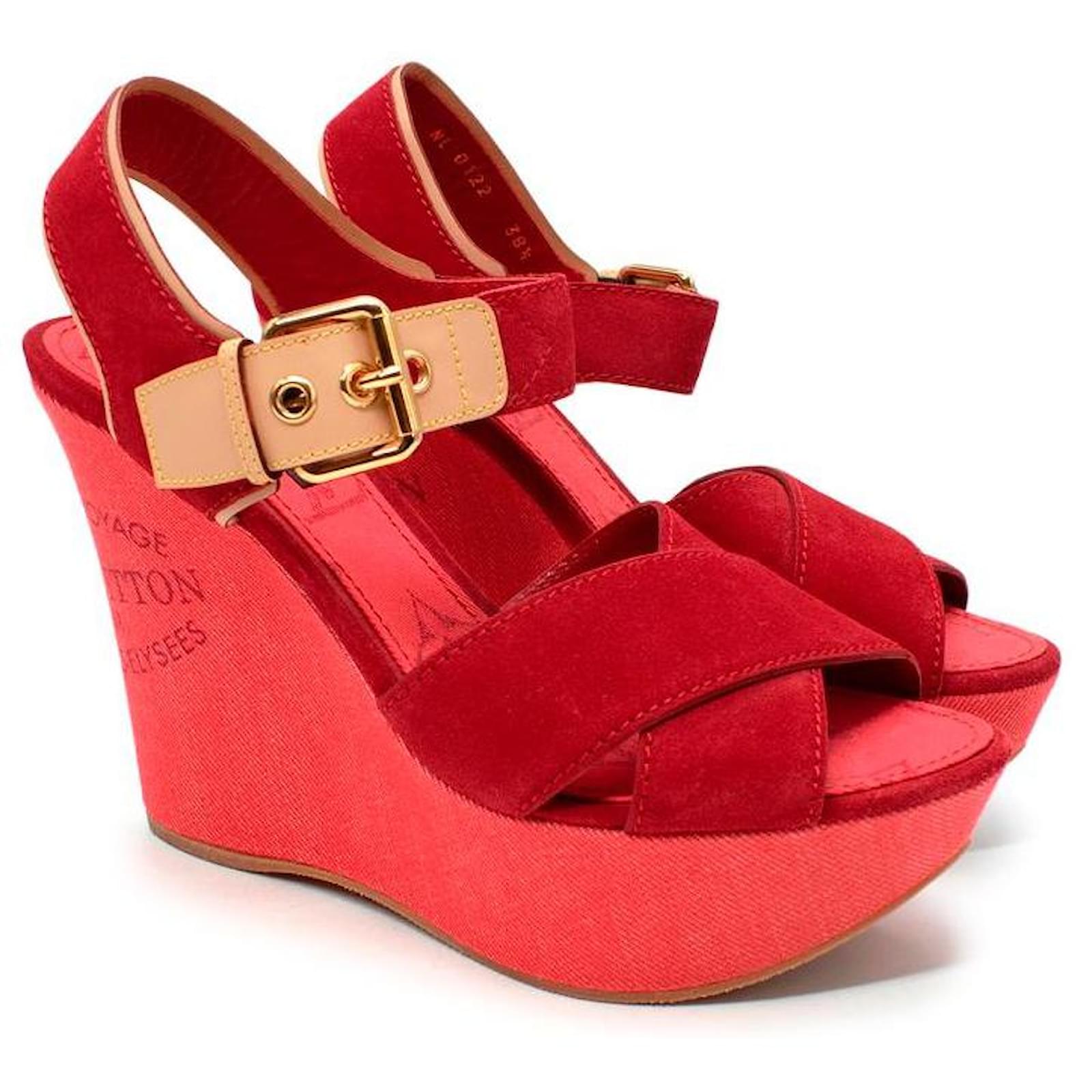 Louis Vuitton Red Denim & Suede Crossover Wedge Sandals ref.611519