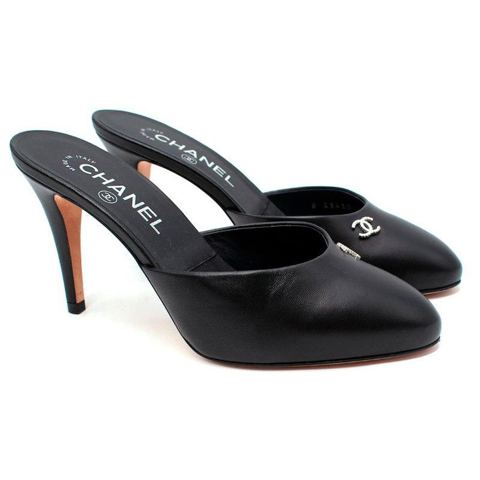Chanel Black Smooth Leather CC Embellished Heeled Mules