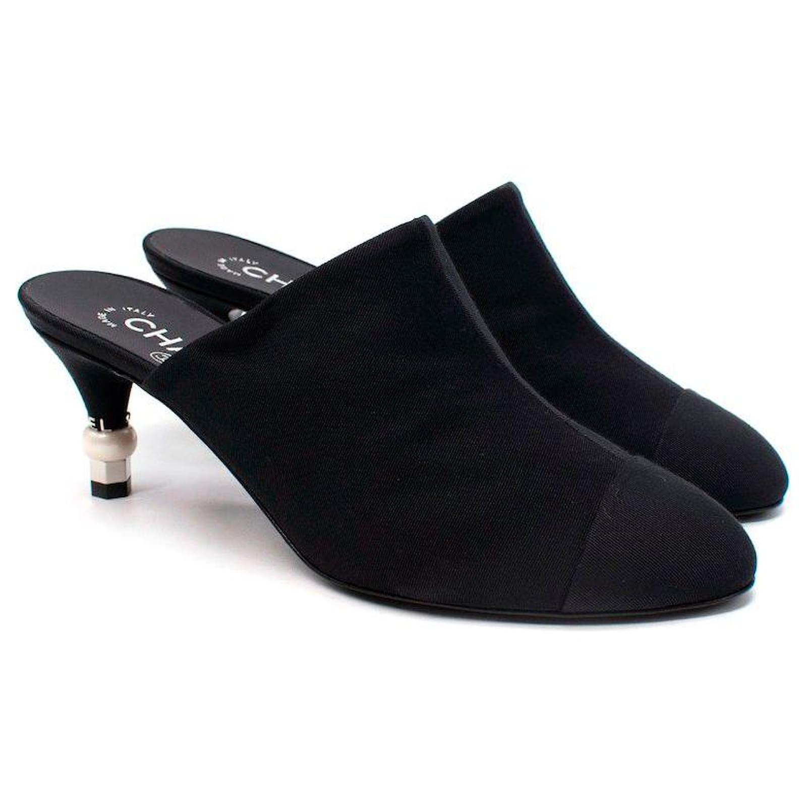 Chanel Black Suede Grosgrain Toe-Cap Pearl Embellished Heel Mules ...