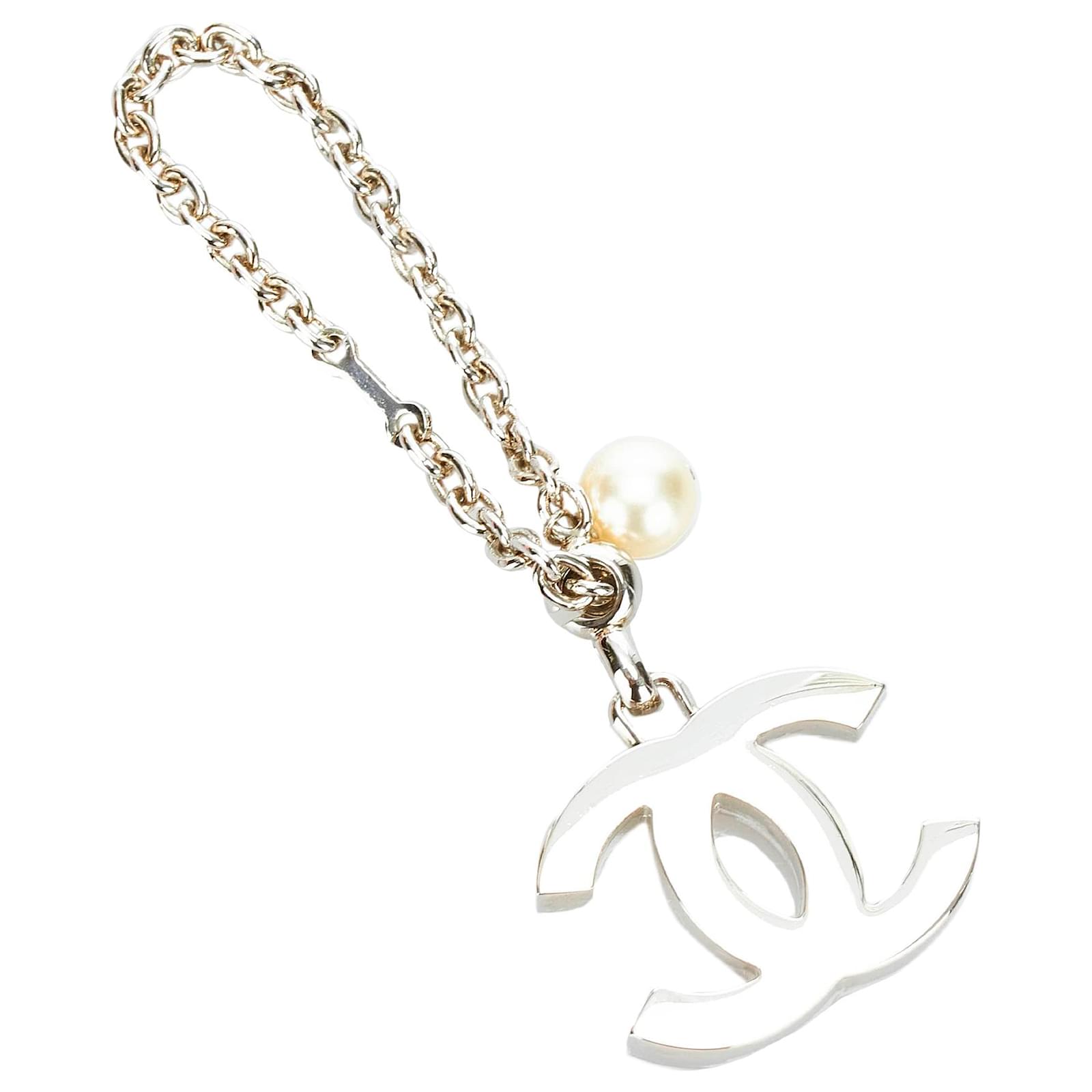 Chanel Silver CC Faux Pearl Key Chain