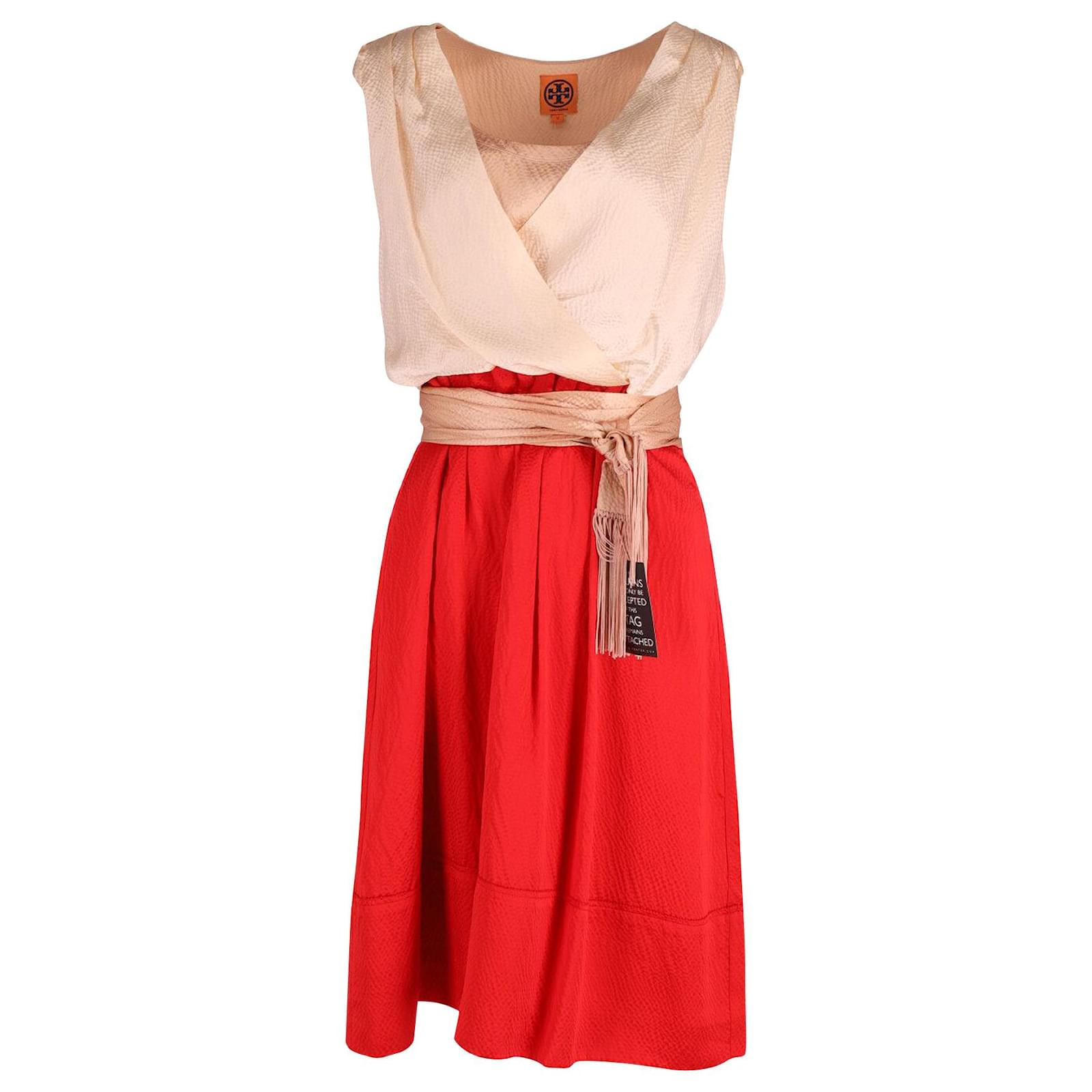 Tory Burch Sleeveless Cinched Midi Dress in Red and Cream Silk  -  Joli Closet