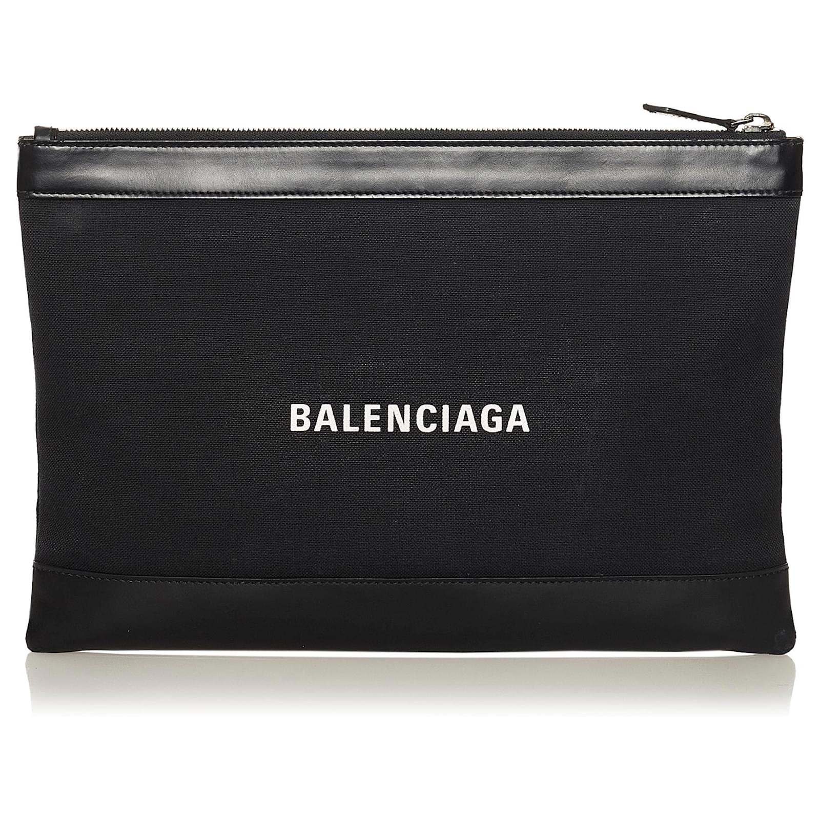 Balenciaga Black Navy Clip M Canvas Clutch Bag Leather Cloth Pony